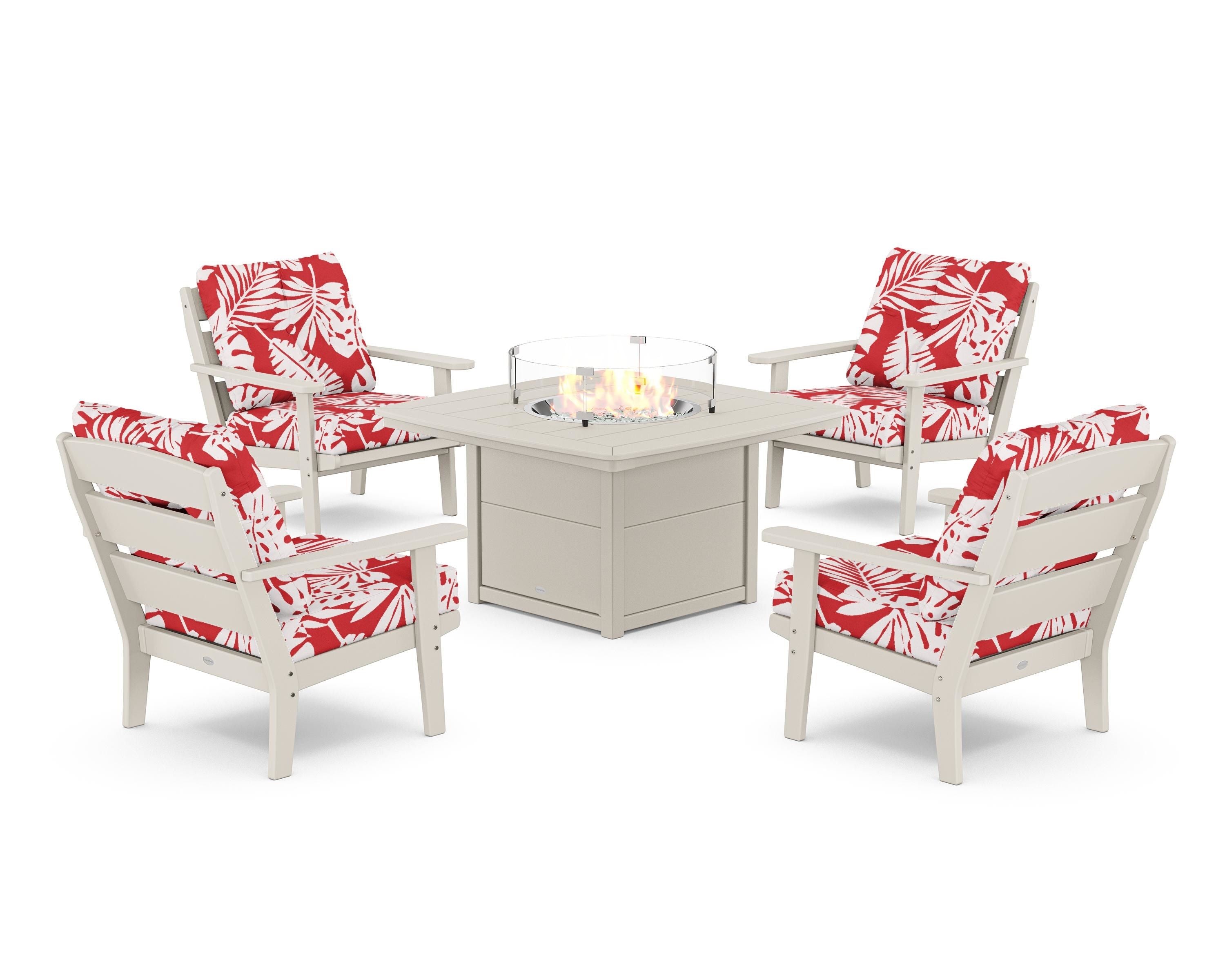 POLYWOOD® Lakeside 5-Piece Deep Seating Set with Nautical Fire Pit Table in Sand / Leaf Crimson