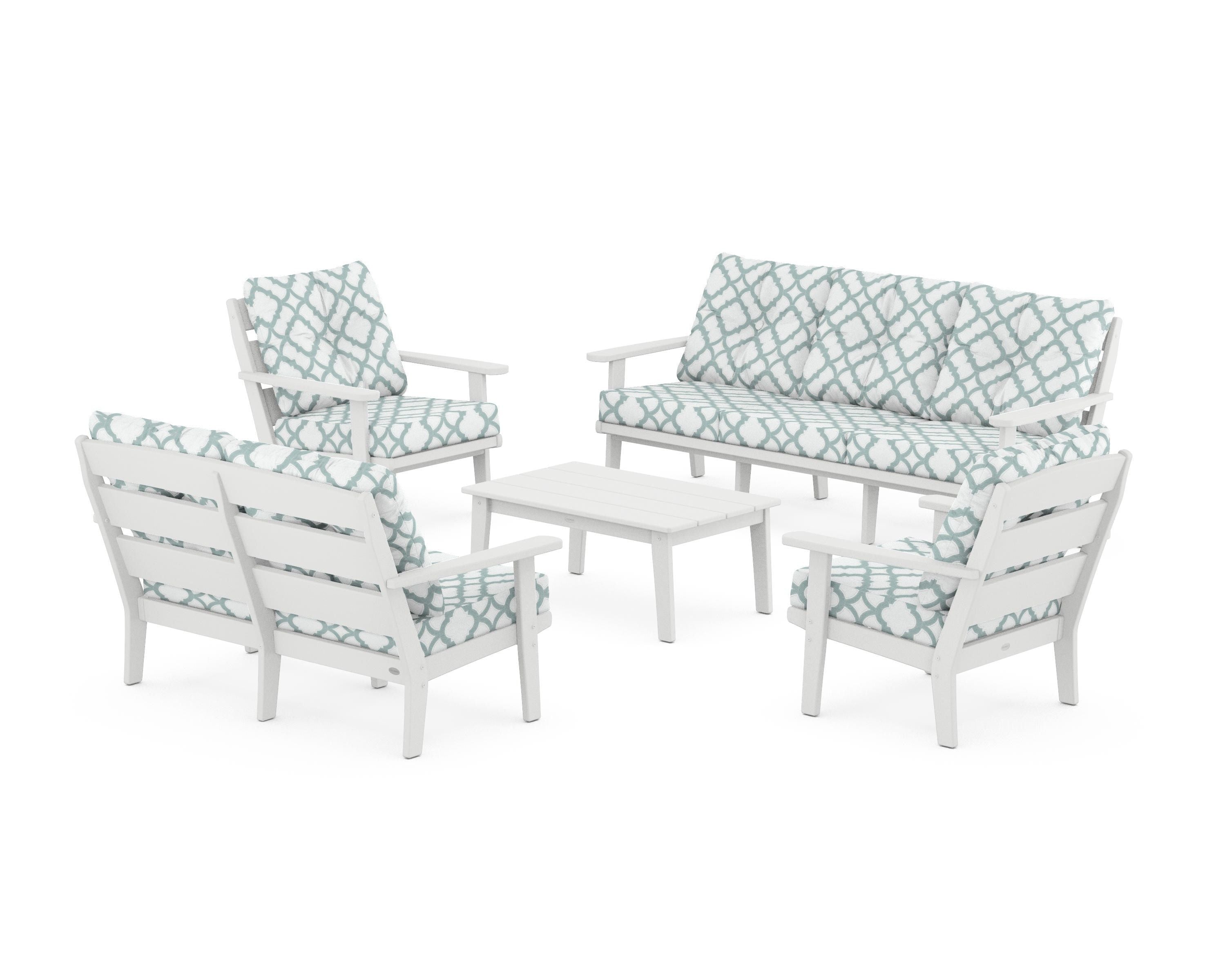 POLYWOOD® Lakeside 5-Piece Lounge Sofa Set in White / Trellis Glacier Spa