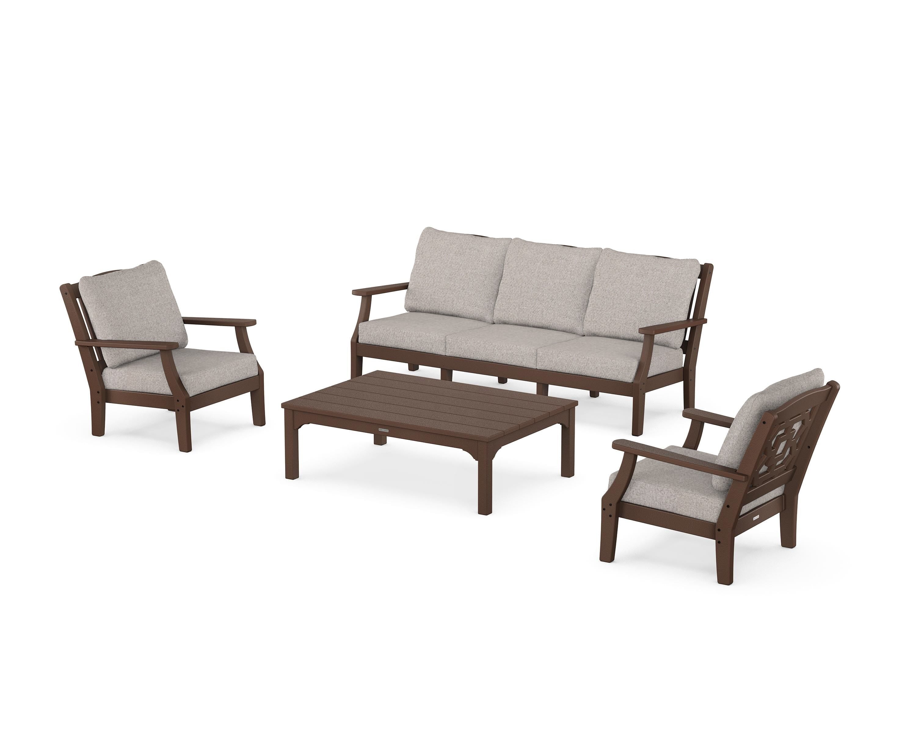 Martha Stewart by POLYWOOD® Chinoiserie 4-Piece Deep Seating Set with Sofa in Mahogany / Weathered Tweed