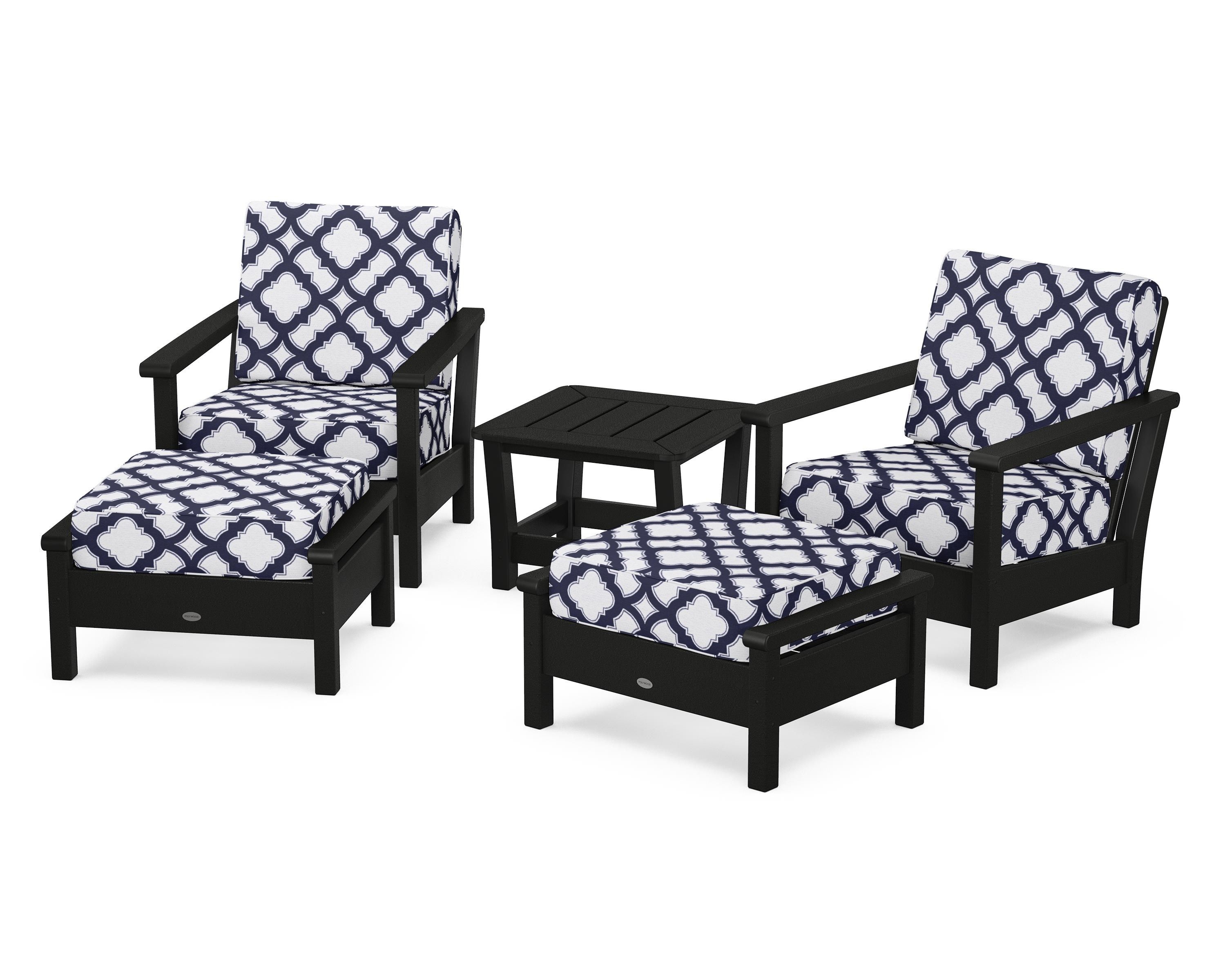 POLYWOOD® Harbour 5-Piece Deep Seating Chair Set in Black / Trellis Navy