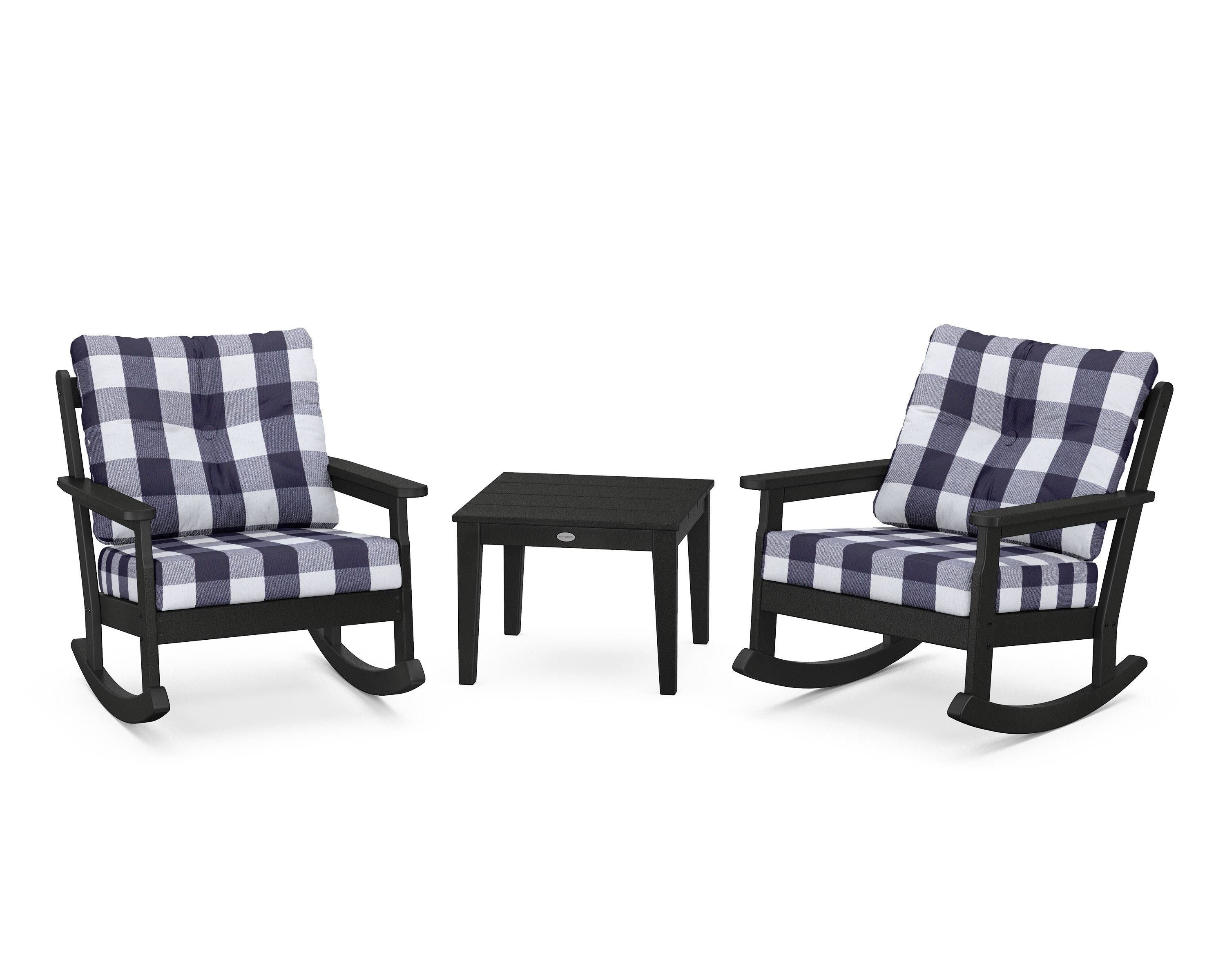 POLYWOOD® Vineyard 3-Piece Deep Seating Rocker Set in Black / Buffalo Plaid Navy