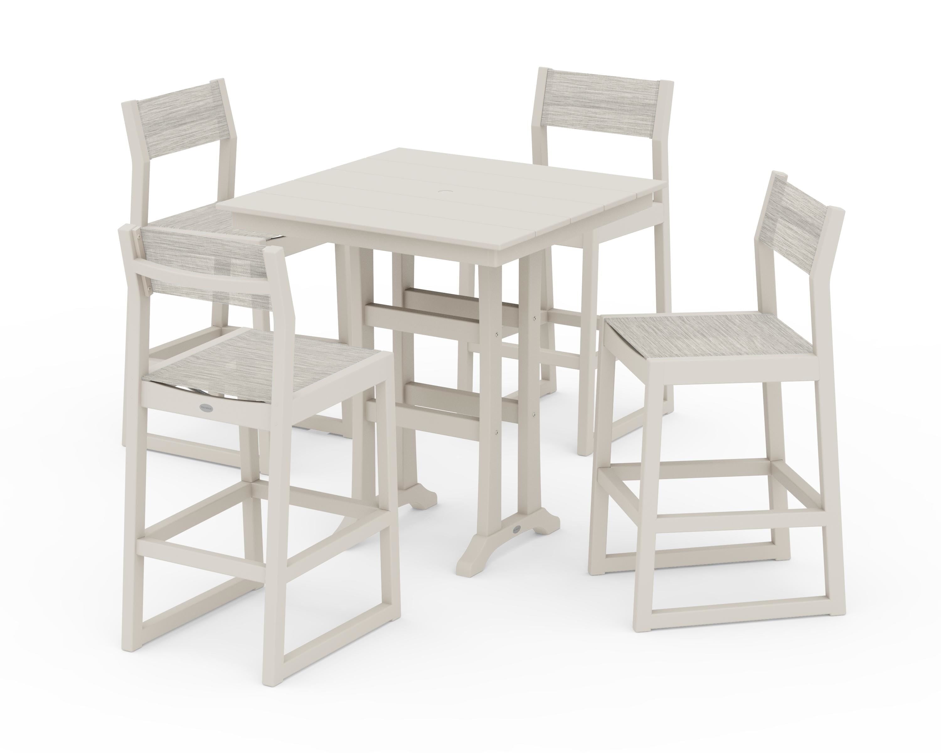 POLYWOOD® EDGE Sling Arm Chair 5-Piece Farmhouse Bar Set with Trestle Legs in Sand / Birch Sling