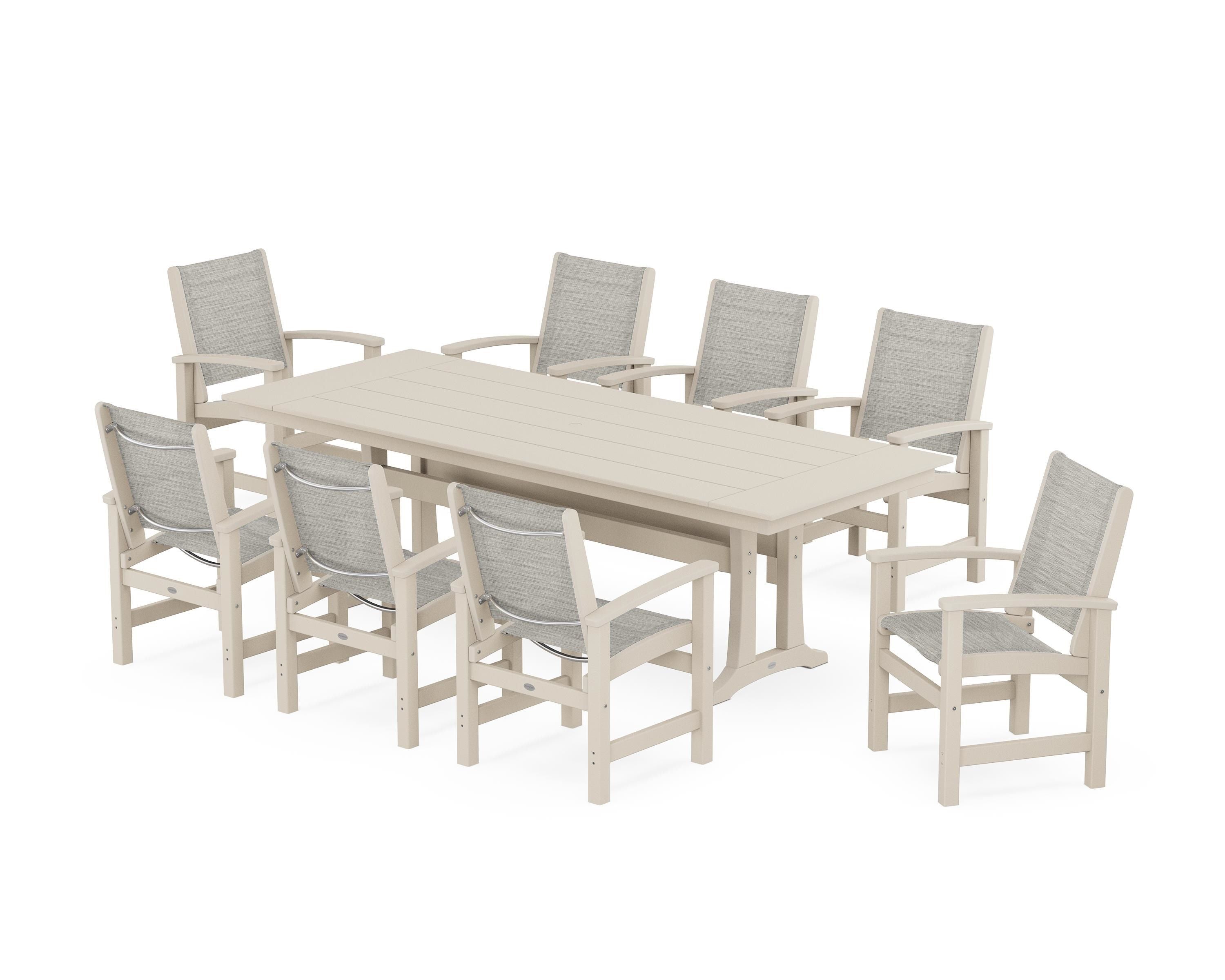 POLYWOOD® Coastal 9-Piece Farmhouse Dining Set with Trestle Legs in Sand / Birch Sling