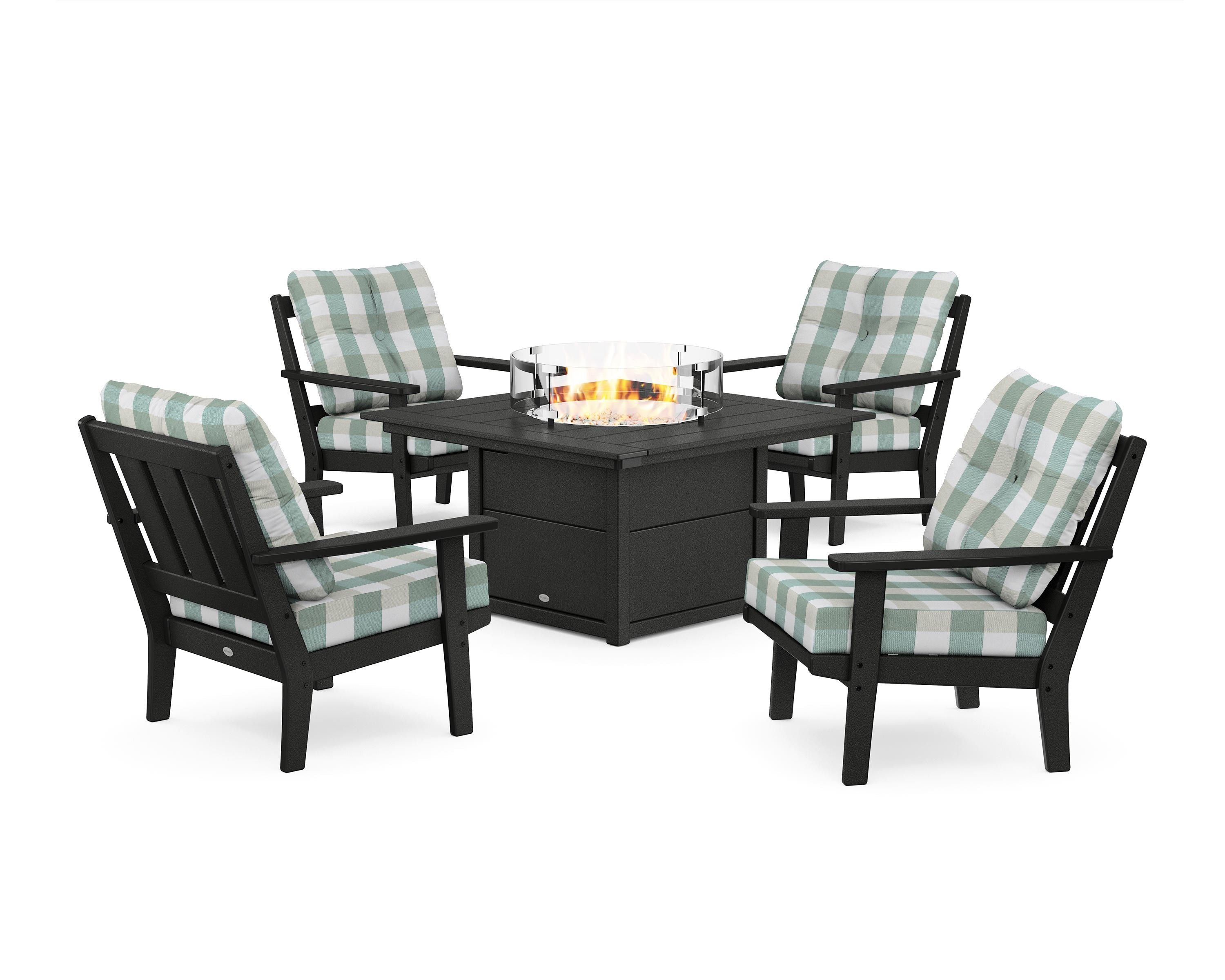 POLYWOOD® Oxford 5-Piece Deep Seating Set with Fire Pit Table in Black / Buffalo Plaid Glacier Spa