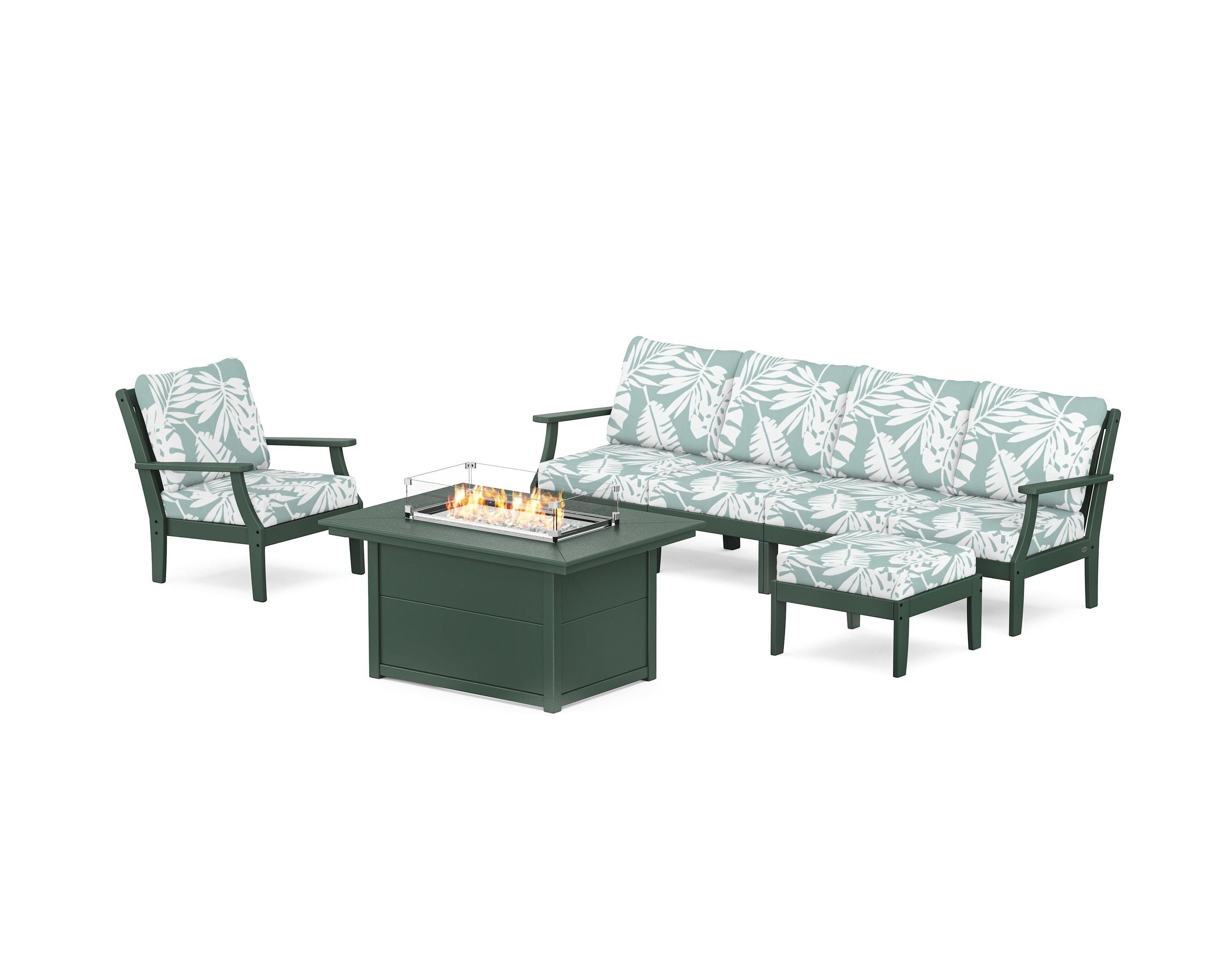 POLYWOOD® Braxton Sectional Lounge and Fire Pit Set in Green / Leaf Glacier Spa