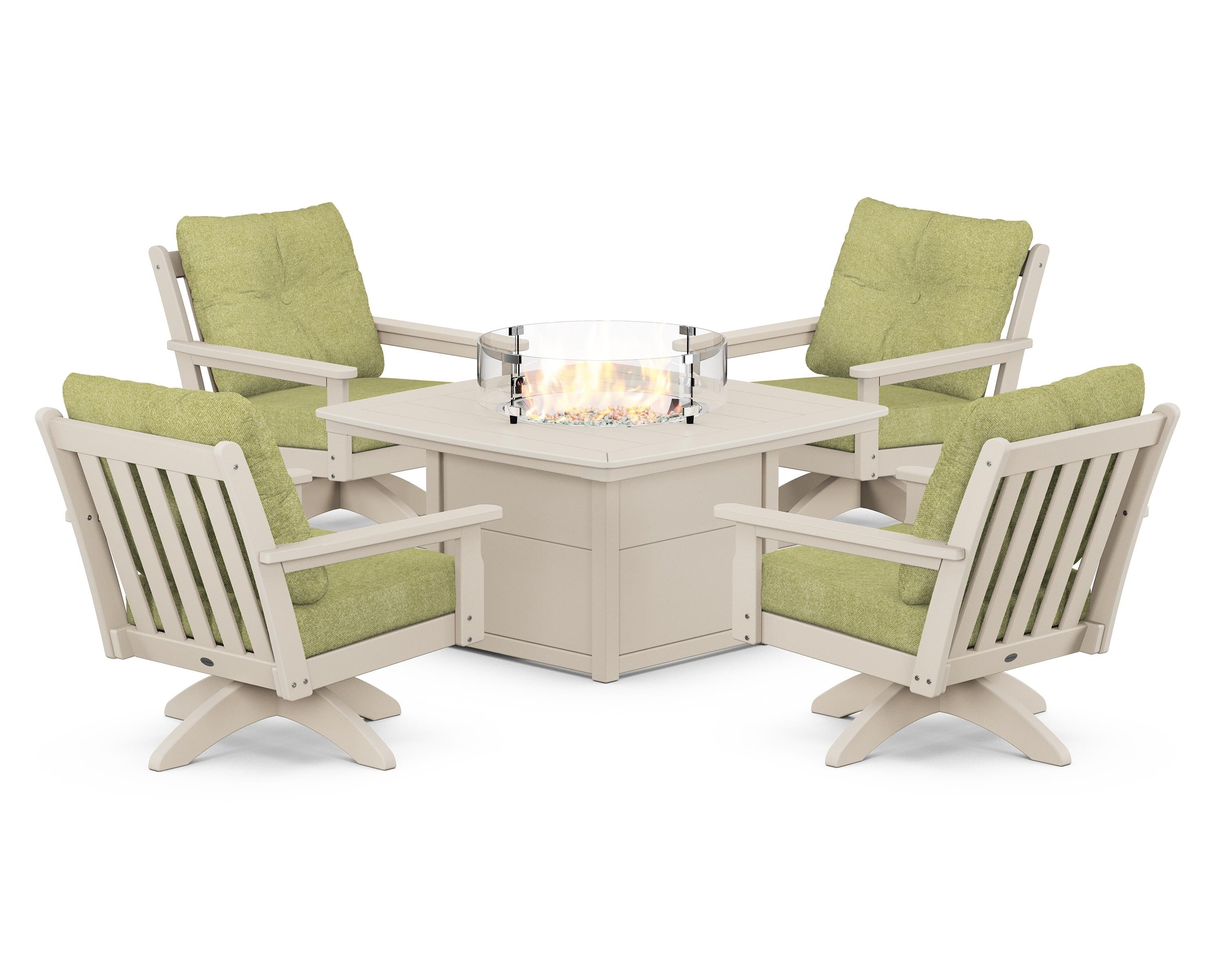 POLYWOOD® Vineyard 5-Piece Deep Seating Swivel Conversation Set with Fire Pit Table in Sand / Chartreuse Boucle