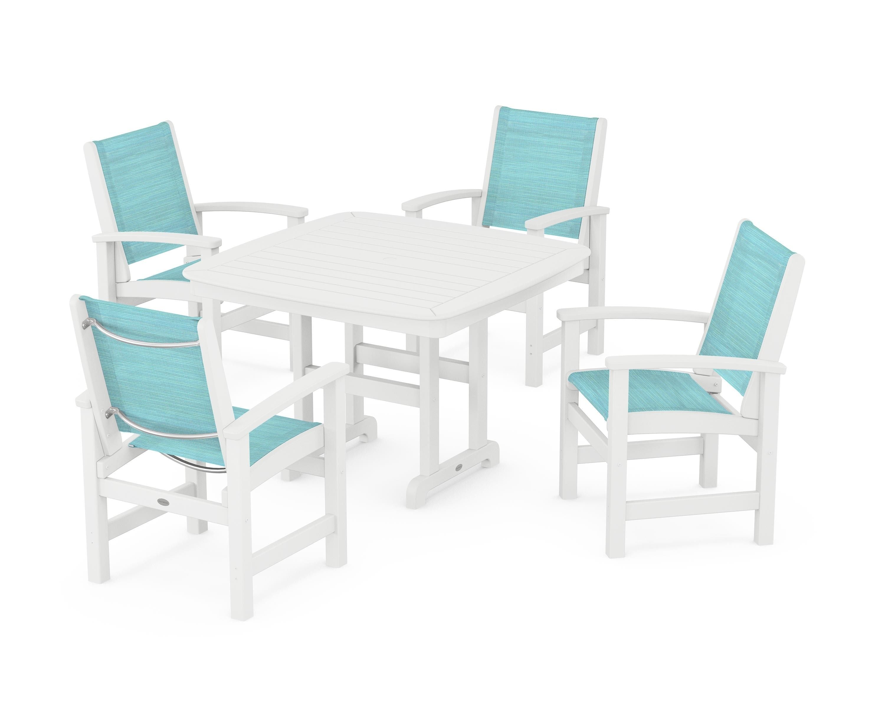 POLYWOOD® Coastal 5-Piece Dining Set in White / Dupioni Aquamarine Sling