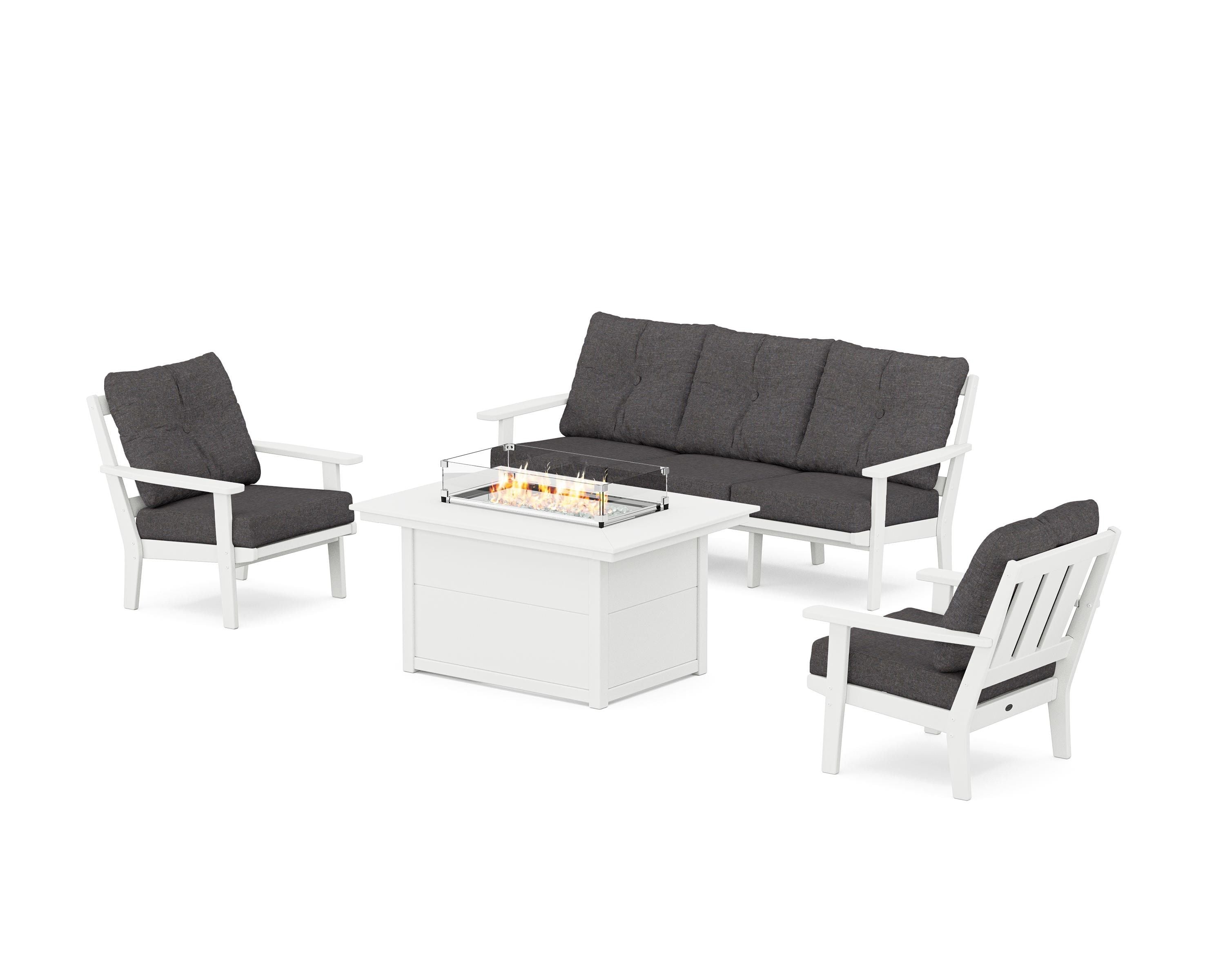 POLYWOOD® Oxford Deep Seating Fire Pit Table Set in White / Ash Charcoal