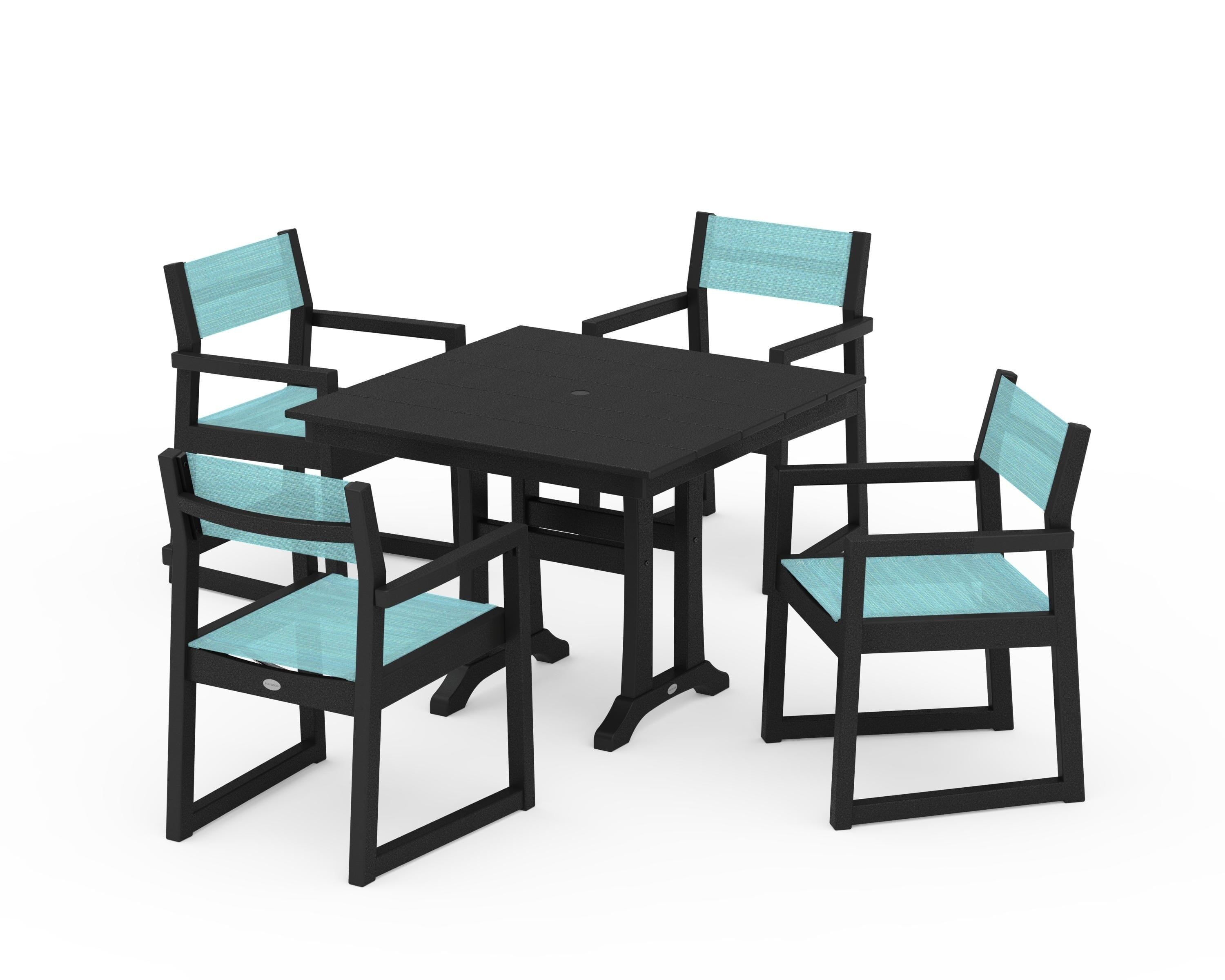 POLYWOOD® EDGE Sling 5-Piece Farmhouse Dining Set with Trestle Legs in Black / Dupioni Aquamarine Sling