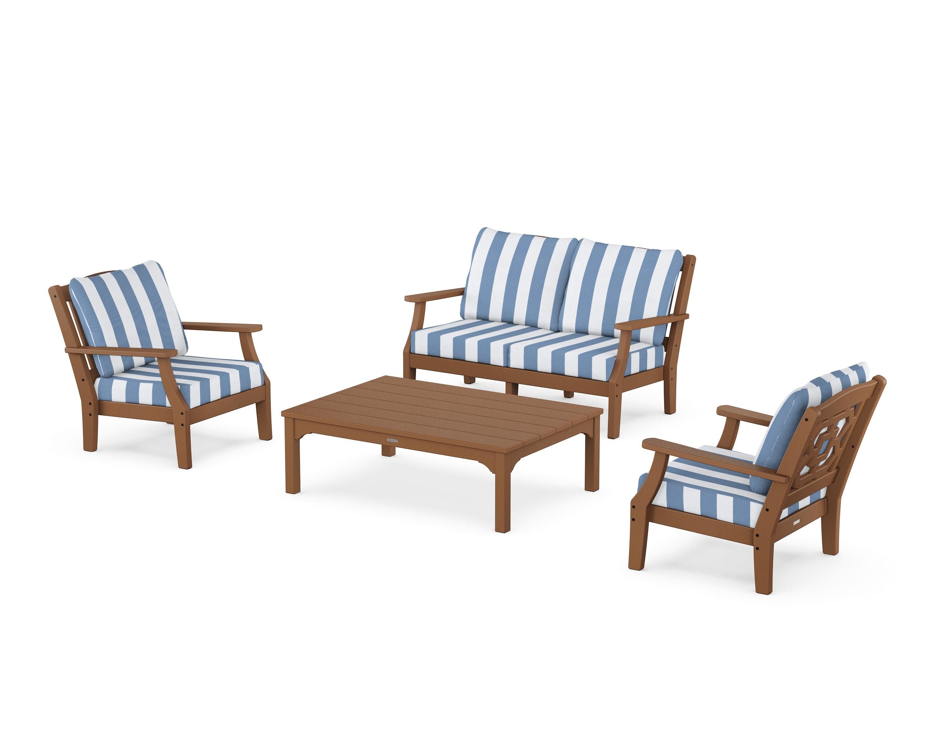 Martha Stewart by POLYWOOD® Chinoiserie 4-Piece Deep Seating Set with Loveseat in Teak / Cabana Stripe Sky Blue