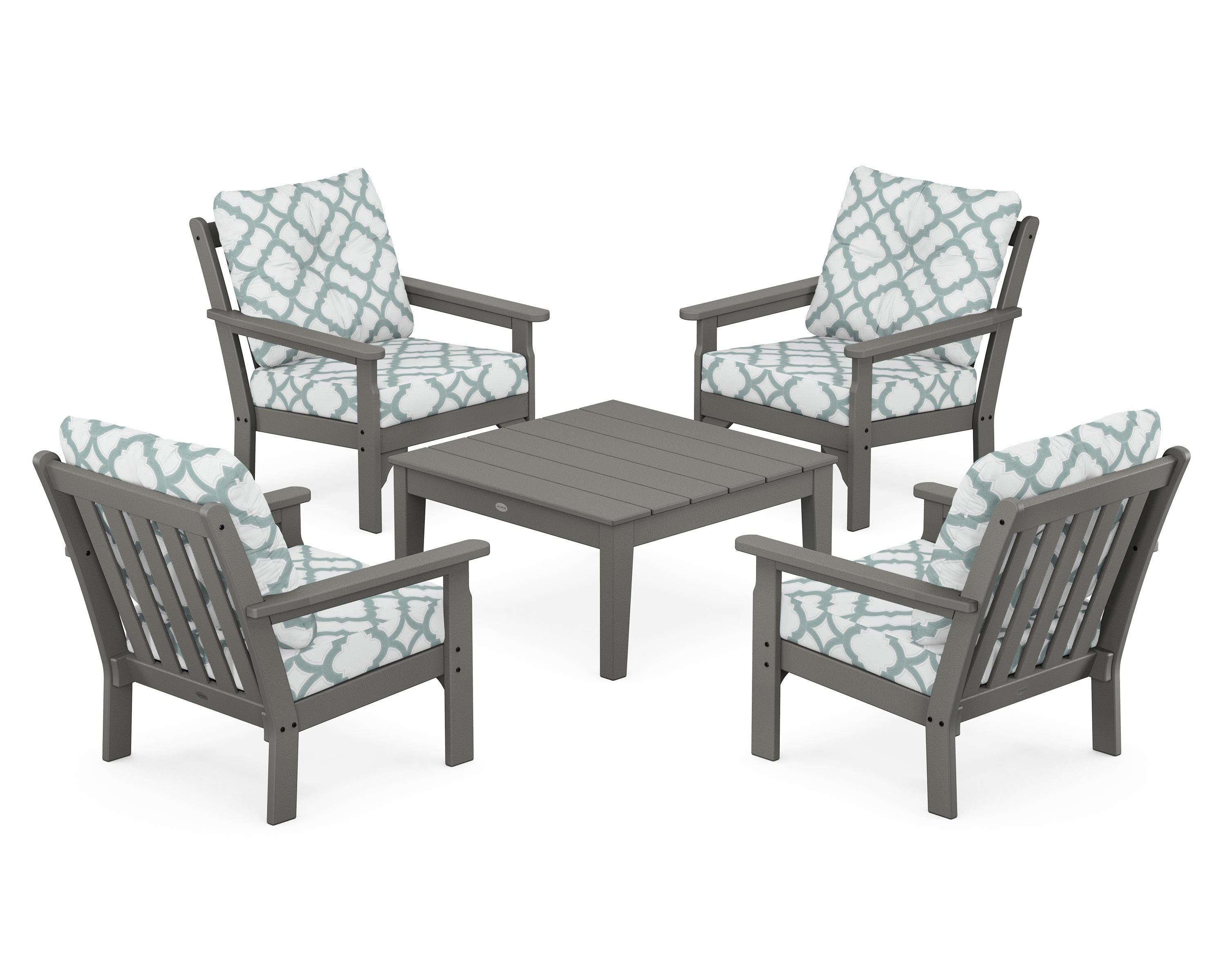 POLYWOOD® Vineyard 5-Piece Deep Seating Conversation Set in Slate Grey / Trellis Glacier Spa