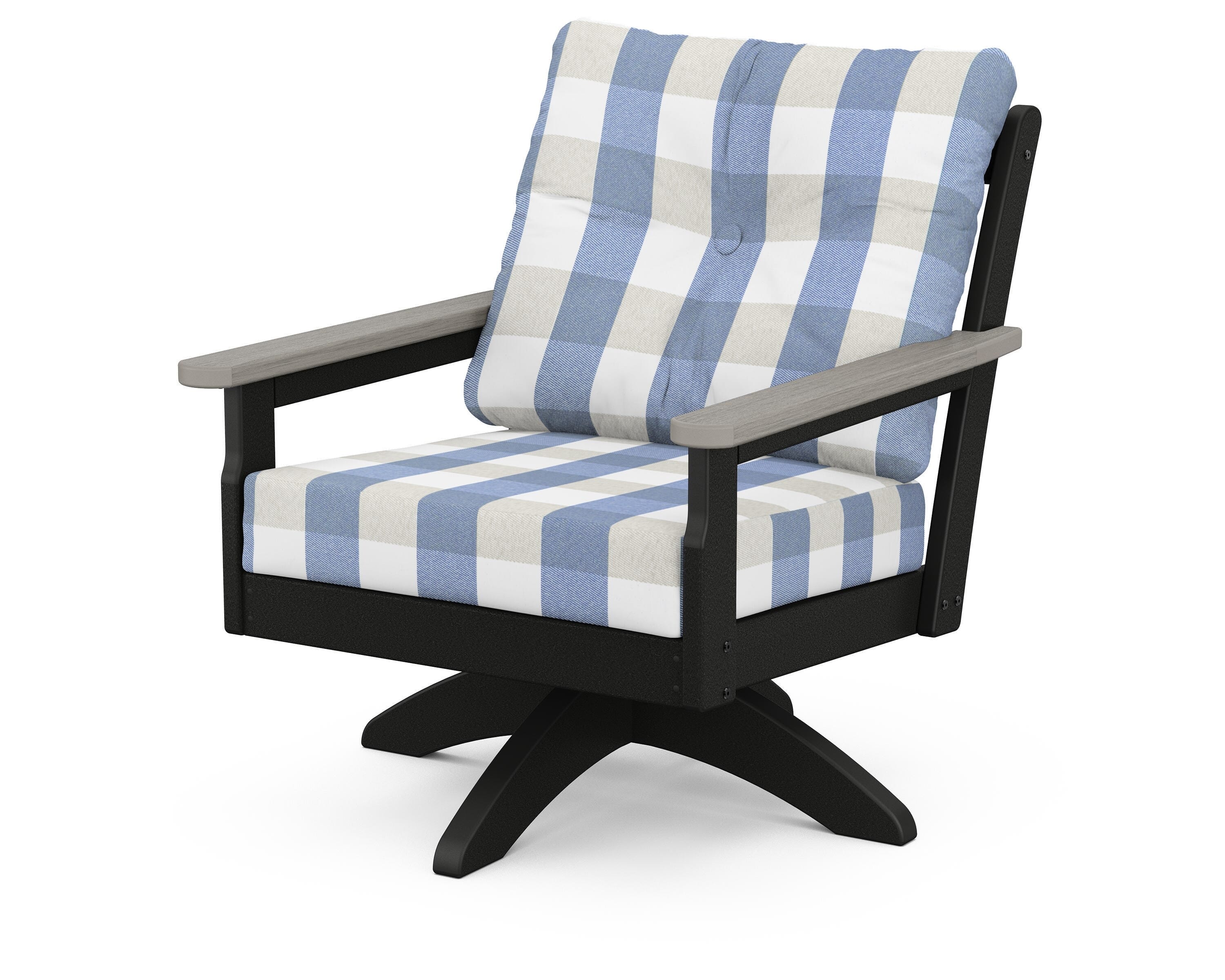 POLYWOOD® Vineyard Deep Seating Swivel Chair in Black / Driftwood / Buffalo Plaid Sky Blue