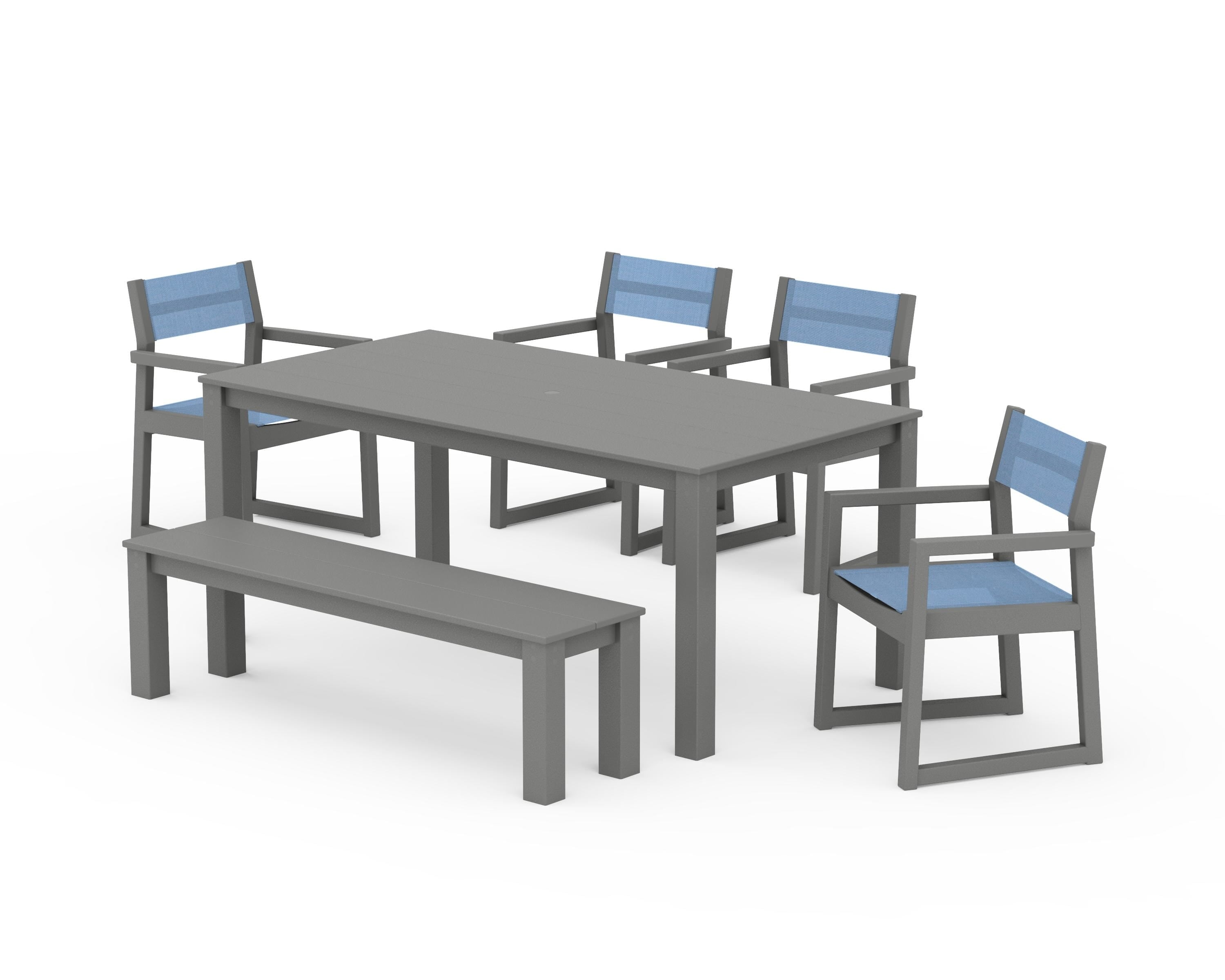 POLYWOOD® EDGE Sling Arm Chair 6-Piece Parsons Dining Set with Bench in Slate Grey / Poolside Sling