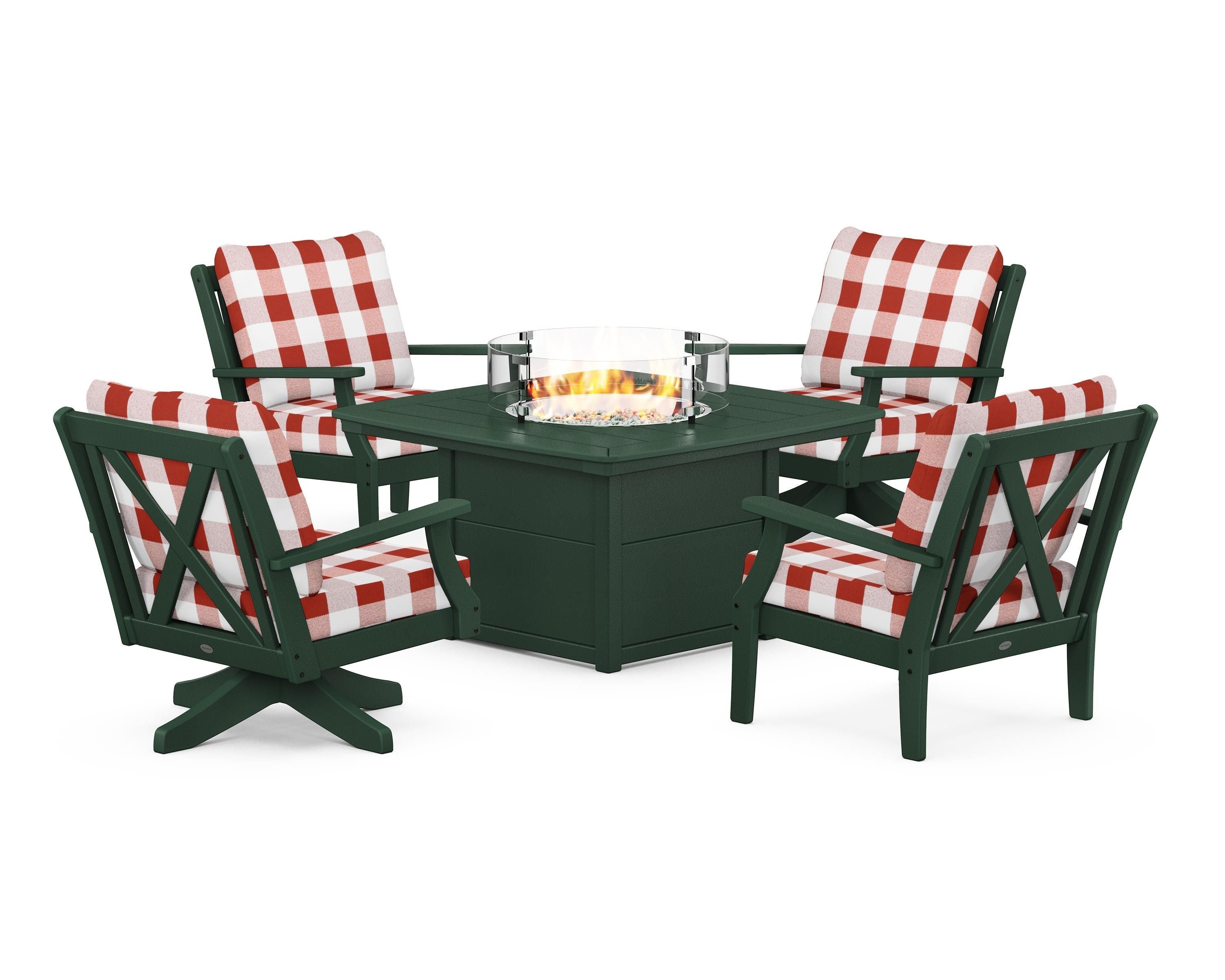 POLYWOOD® Braxton 5-Piece Deep Seating Set with Fire Table in Green / Buffalo Plaid Crimson