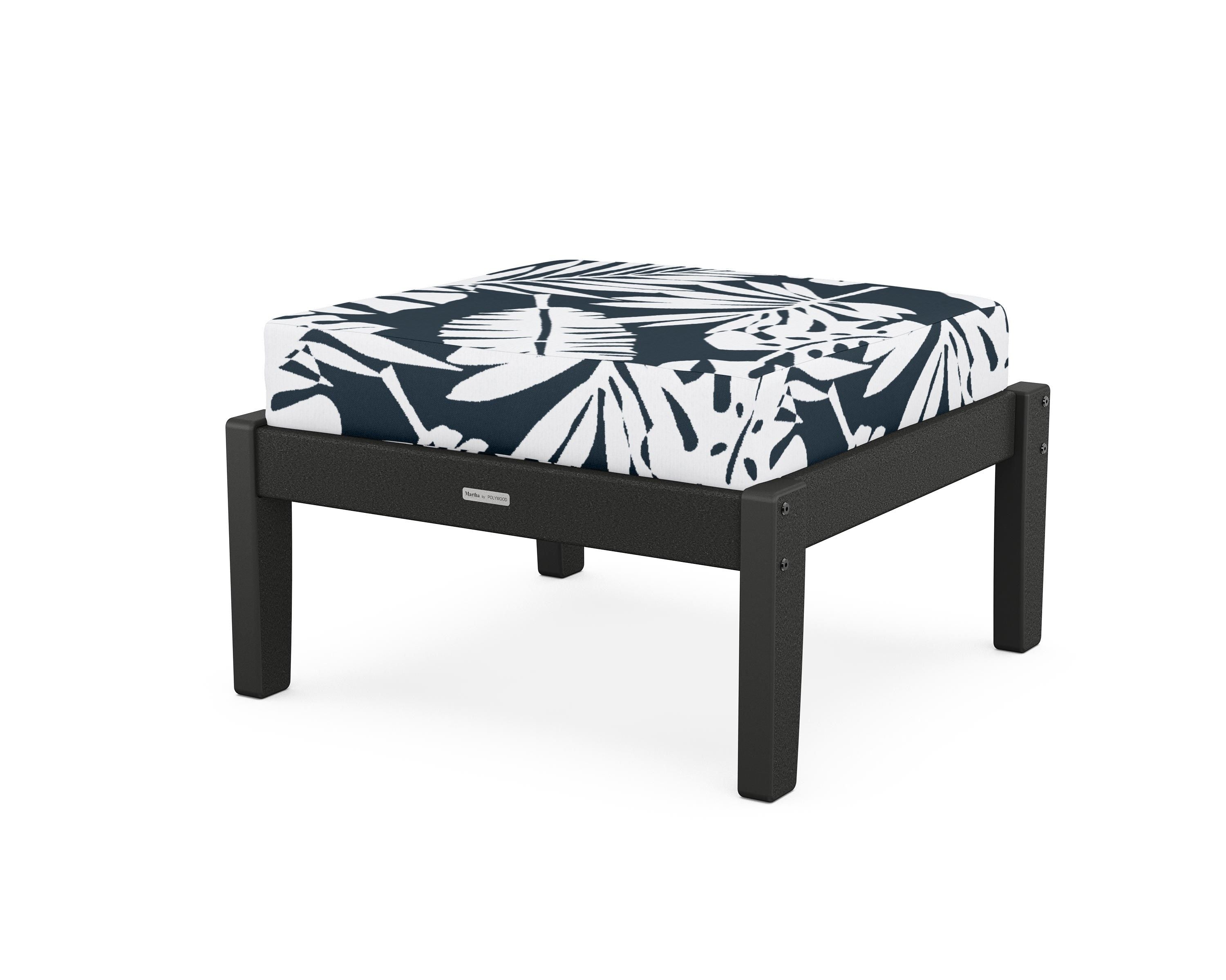 Martha Stewart by POLYWOOD® Chinoiserie Deep Seating Ottoman in Black / Leaf Marine Indigo