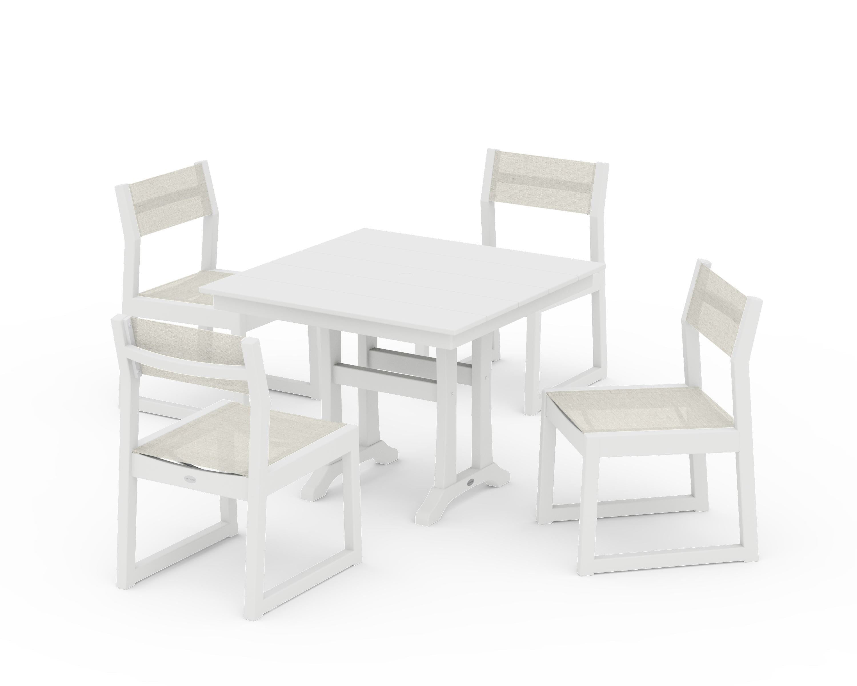POLYWOOD® EDGE Sling 5-Piece Farmhouse Trestle Side Chair Dining Set in White / Parchment Sling