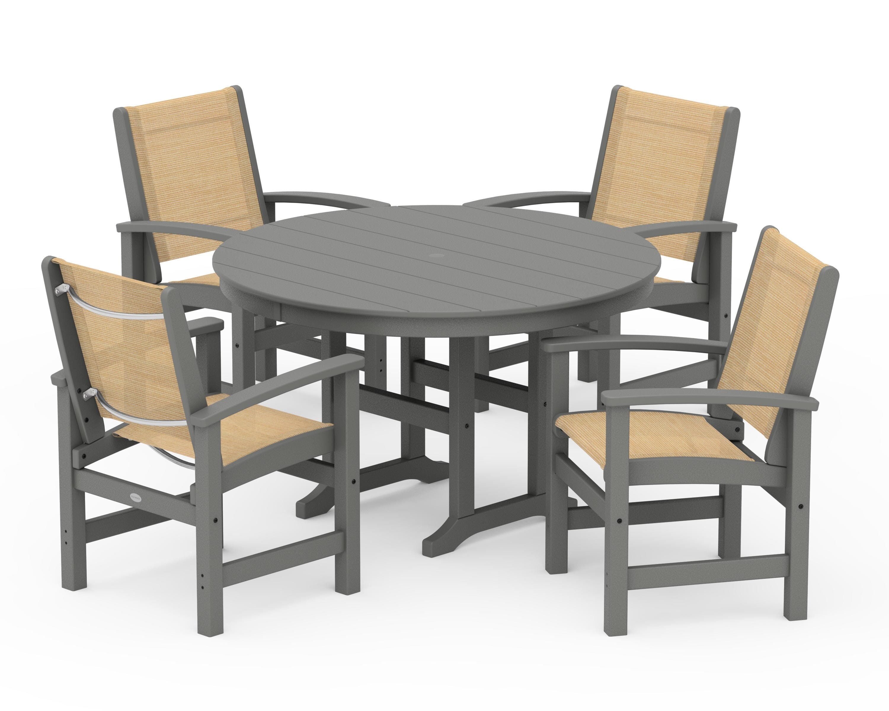 POLYWOOD® Coastal 5-Piece Round Farmhouse Dining Set in Slate Grey / Dupioni Apricot Sling