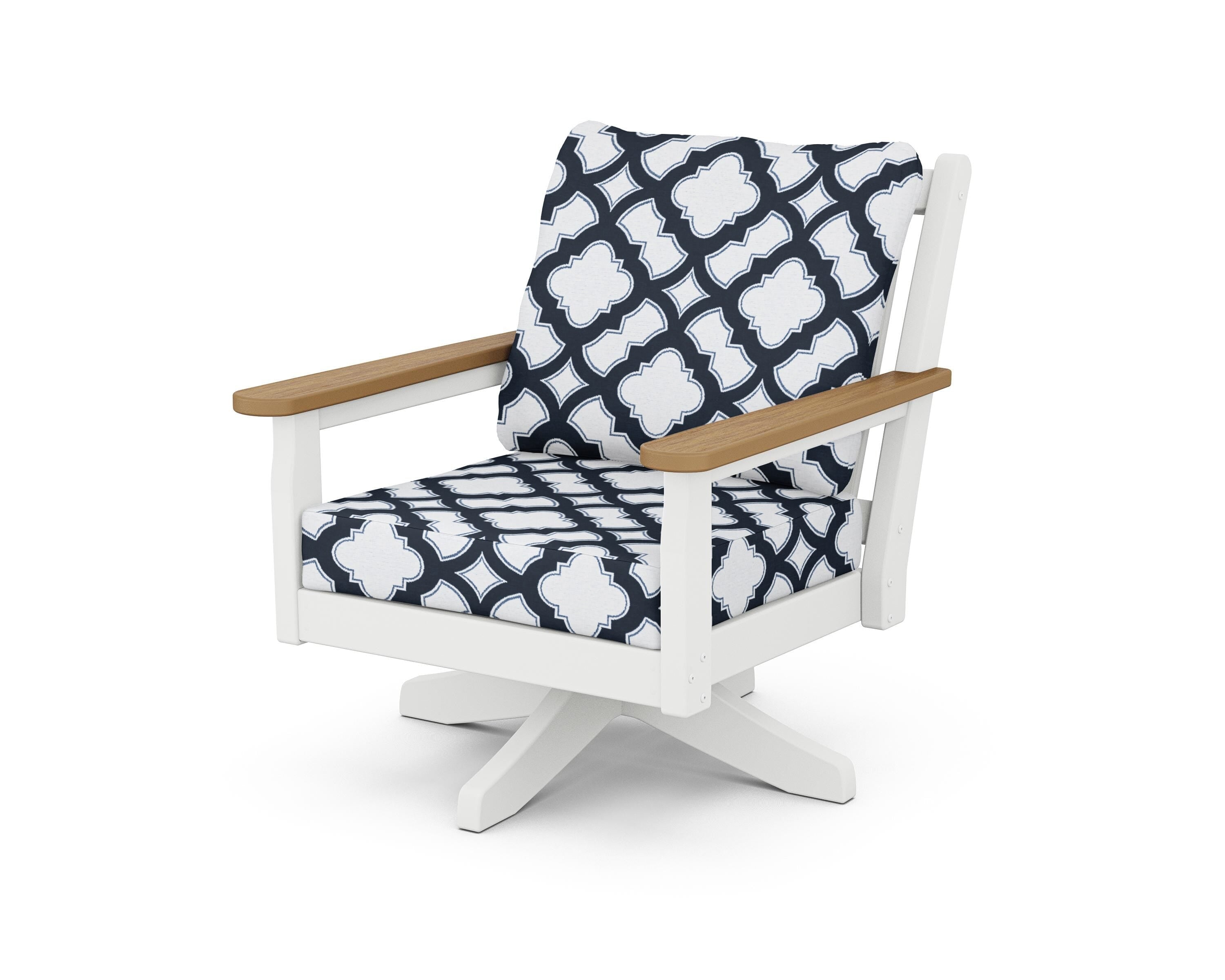 POLYWOOD® Chippendale Deep Seating Swivel Chair in White / Natural / Trellis Marine Indigo