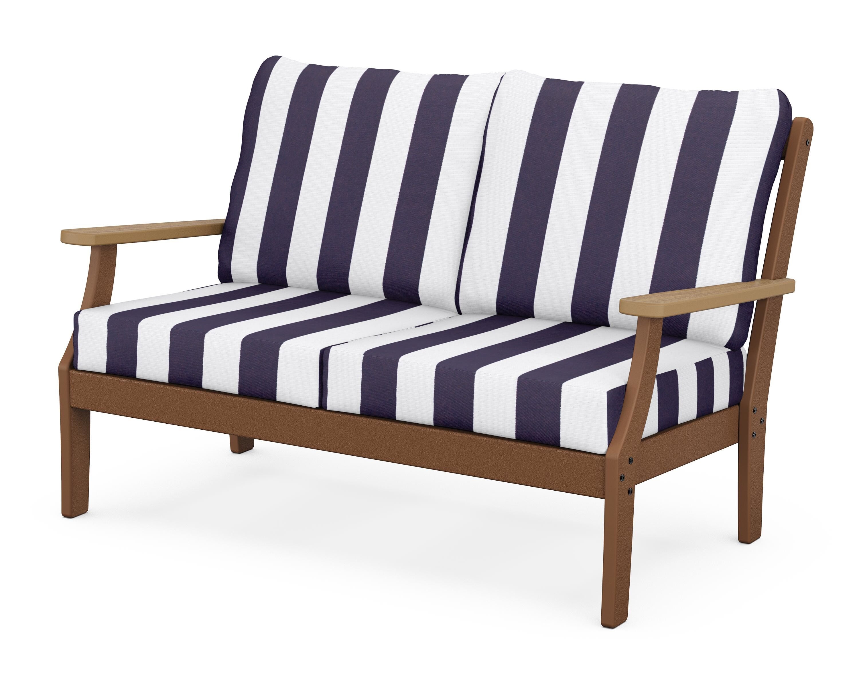 POLYWOOD® Braxton Deep Seating Loveseat in Teak / Natural / Cabana Stripe Navy