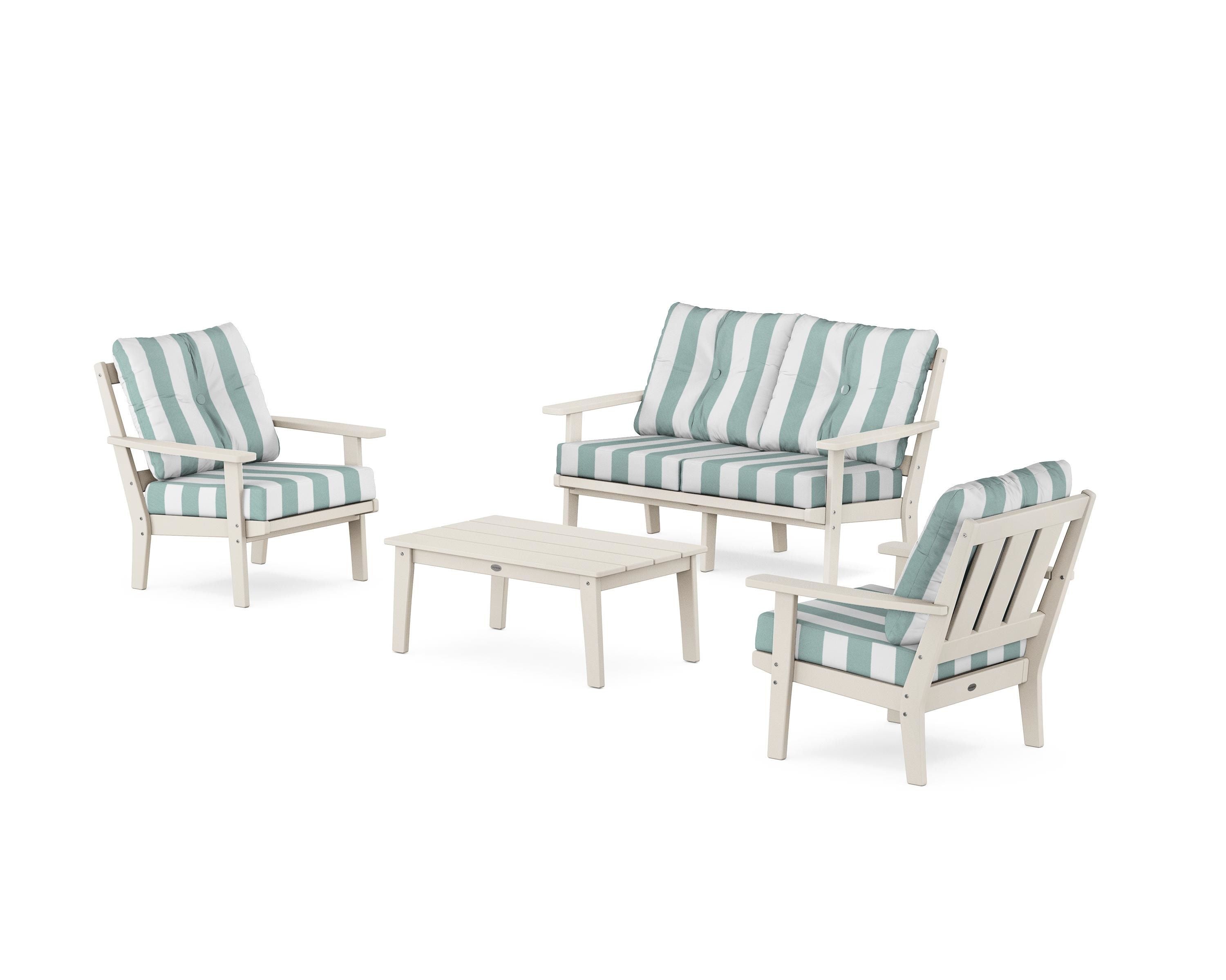 POLYWOOD® Oxford 4-Piece Deep Seating Set with Loveseat in Sand / Cabana Stripe Glacier Spa