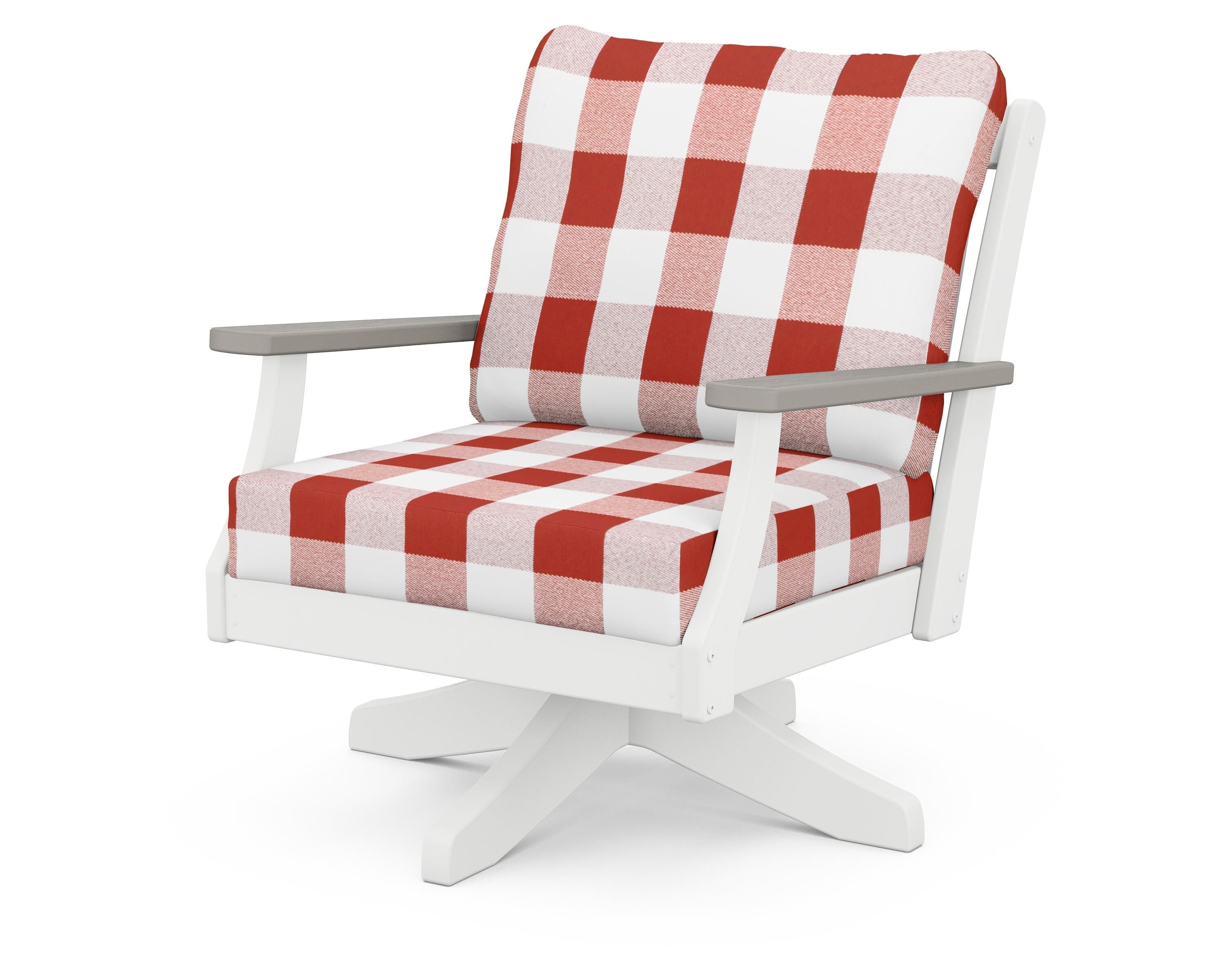 POLYWOOD® Braxton Deep Seating Swivel Chair in White / Driftwood / Buffalo Plaid Crimson