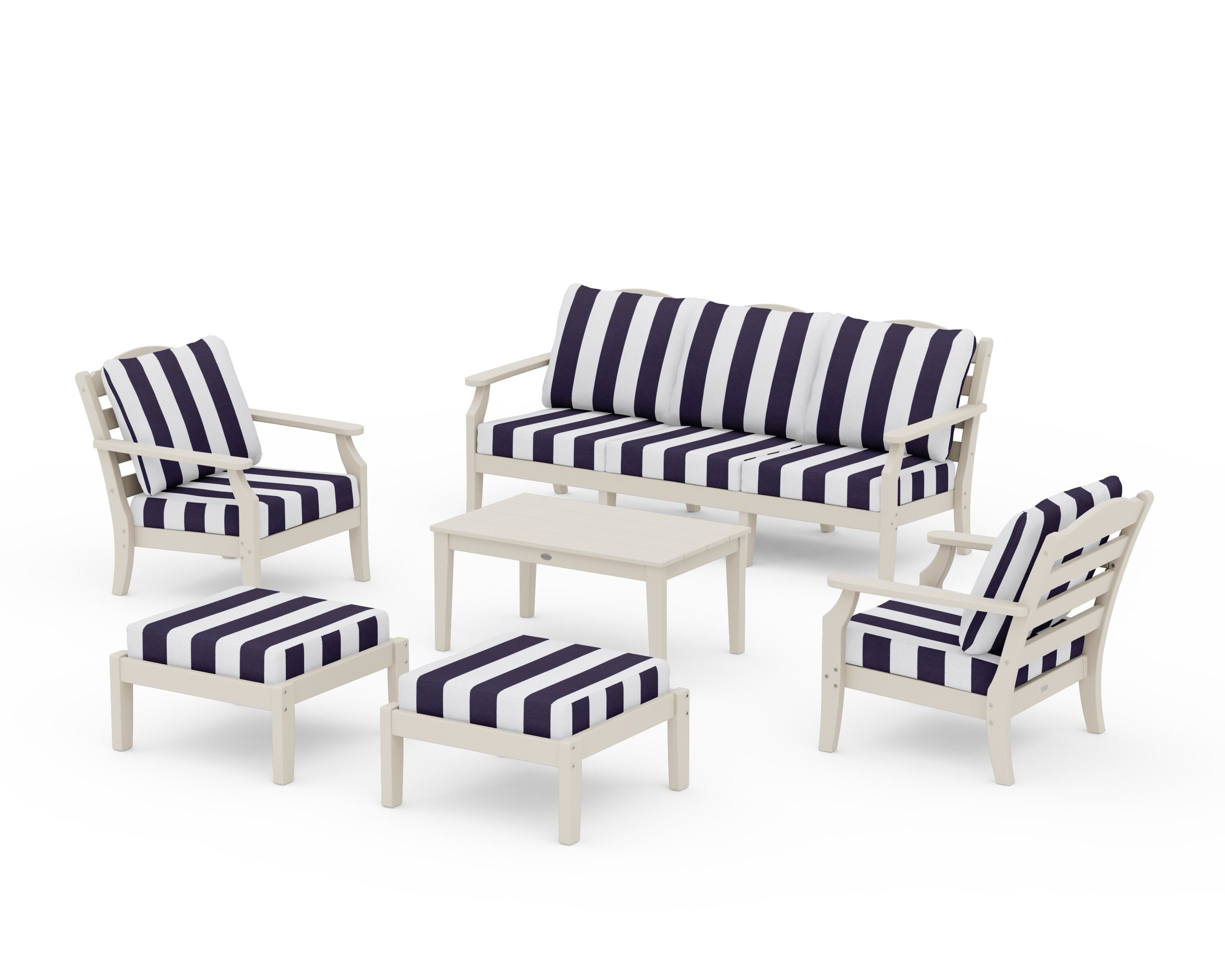 Draper James™ by POLYWOOD® Savannah 6-Piece Lounge Sofa Set in Sand / Cabana Stripe Navy