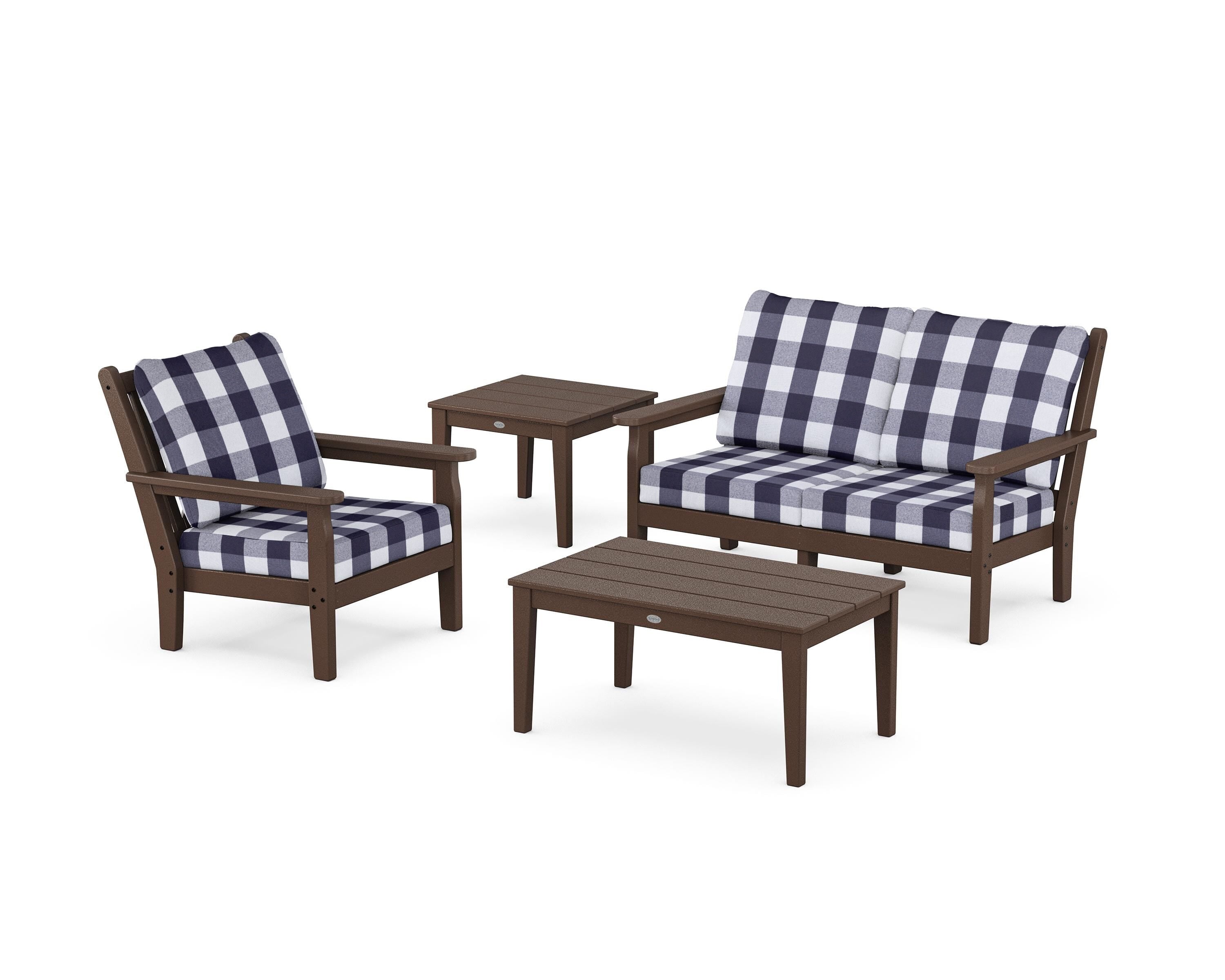 POLYWOOD® Chippendale 4-Piece Deep Seating Set in Mahogany / Buffalo Plaid Navy