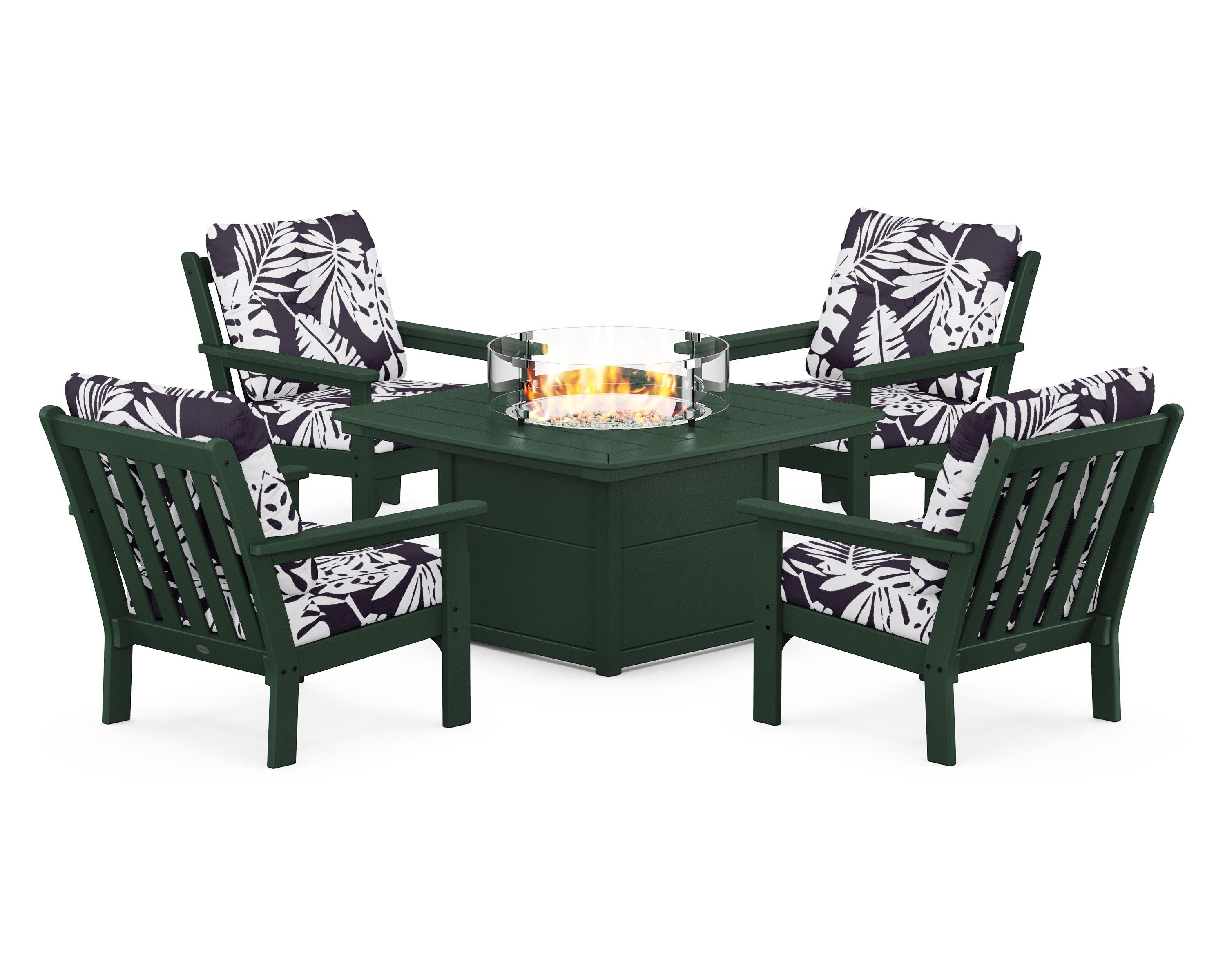 POLYWOOD® Vineyard 5-Piece Conversation Set with Fire Pit Table in Green / Leaf Navy