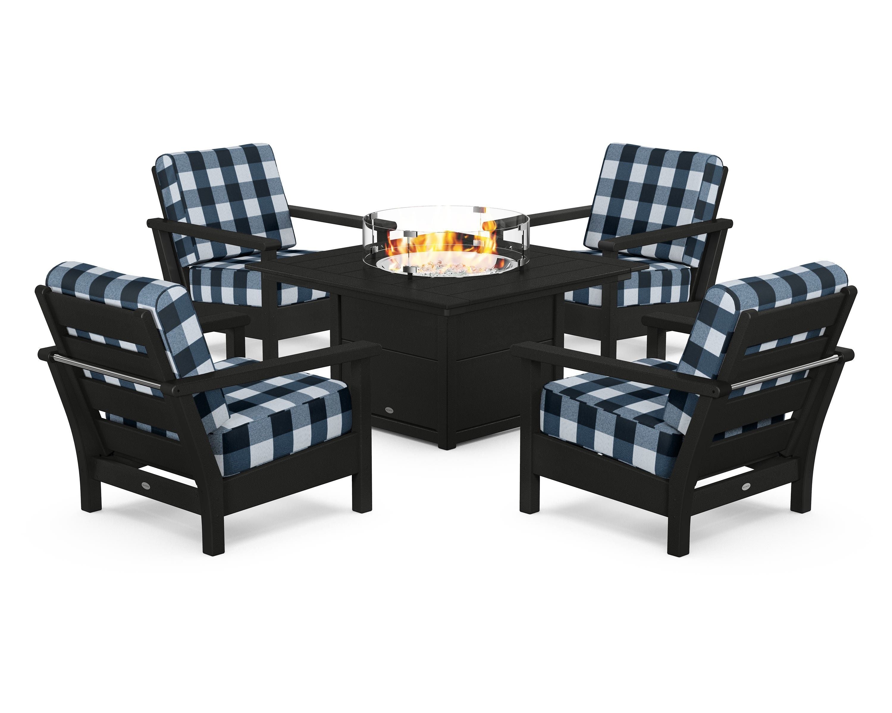 POLYWOOD® Harbour 5-Piece Conversation Set with Fire Pit Table in Black / Buffalo Plaid Marine Indigo