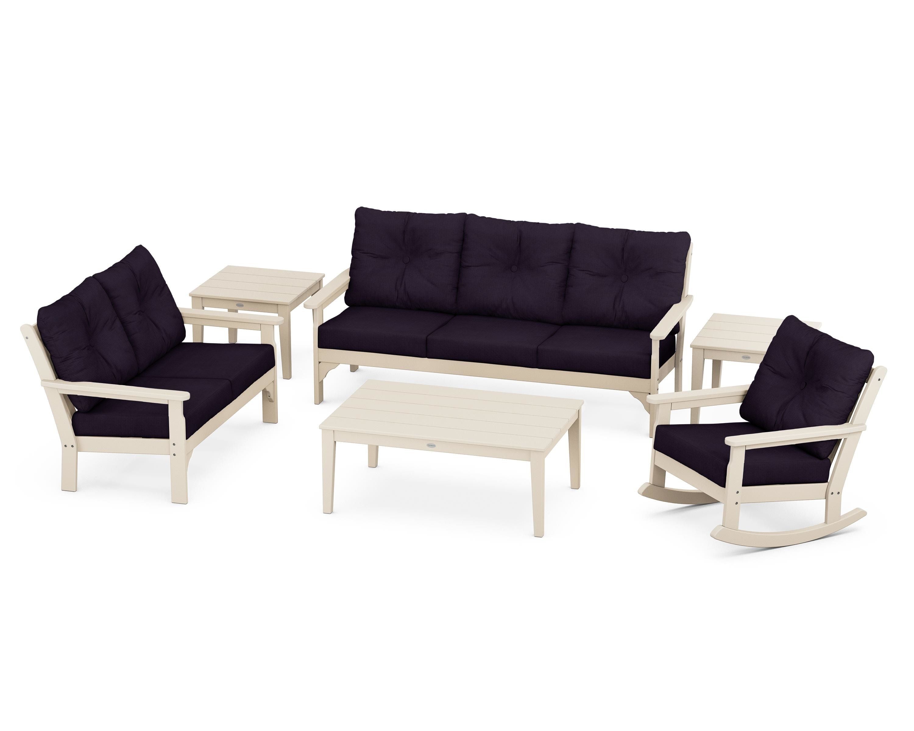 POLYWOOD® Vineyard 6-Piece Deep Seating Set in Sand / Navy Linen