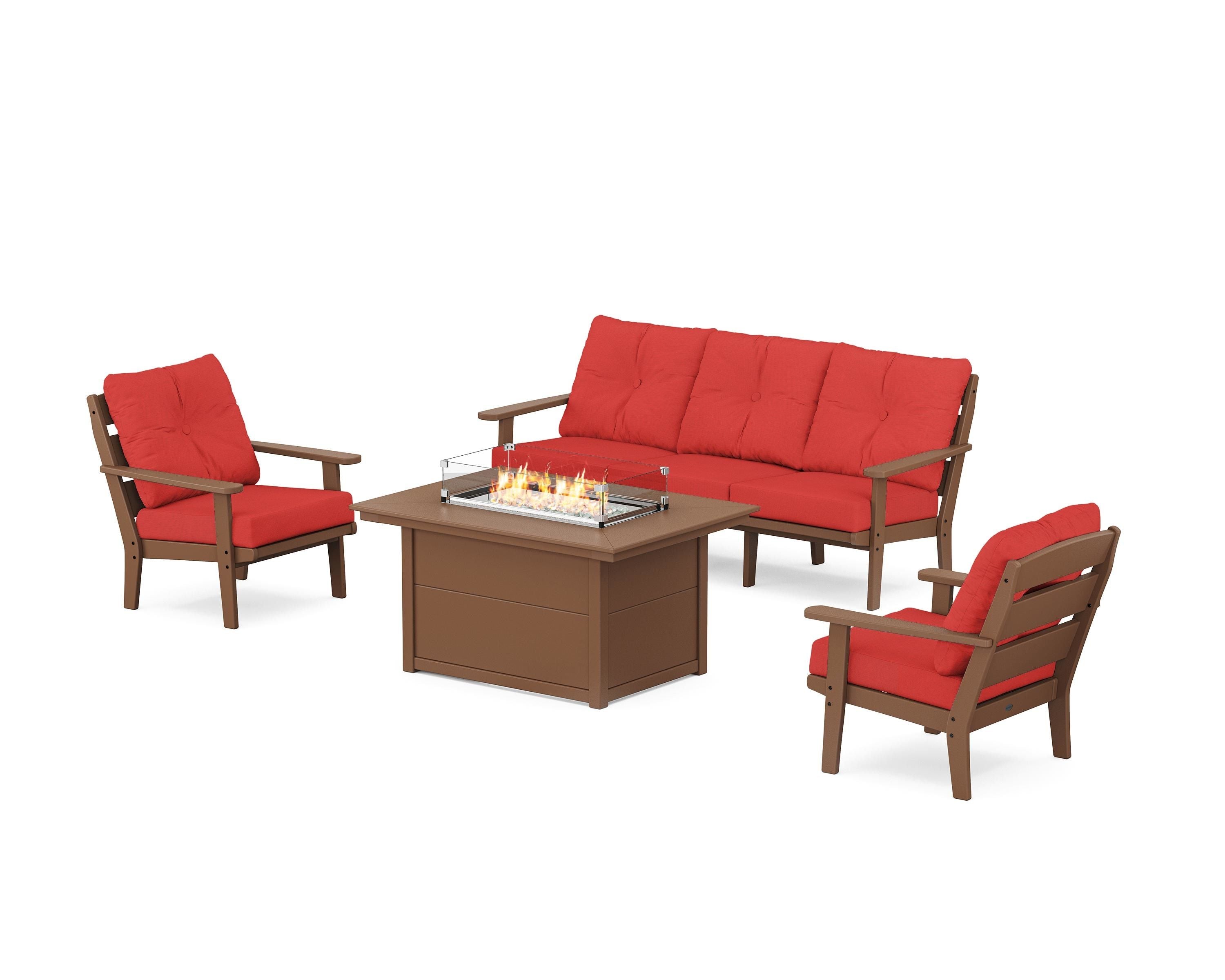 POLYWOOD® Lakeside Deep Seating Fire Pit Table Set in Teak / Crimson Linen