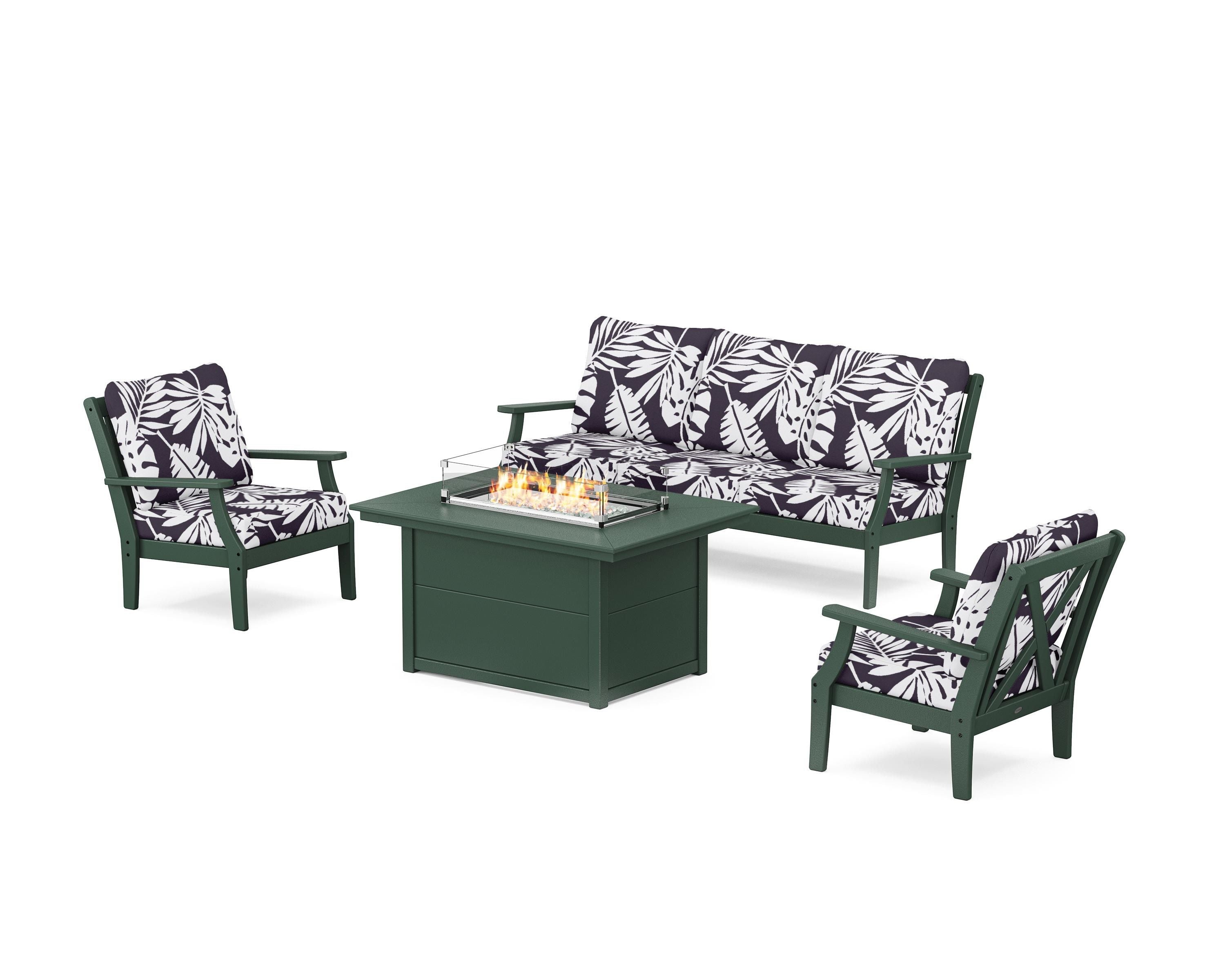 POLYWOOD® Braxton Deep Seating Fire Pit Table Set in Green / Leaf Navy