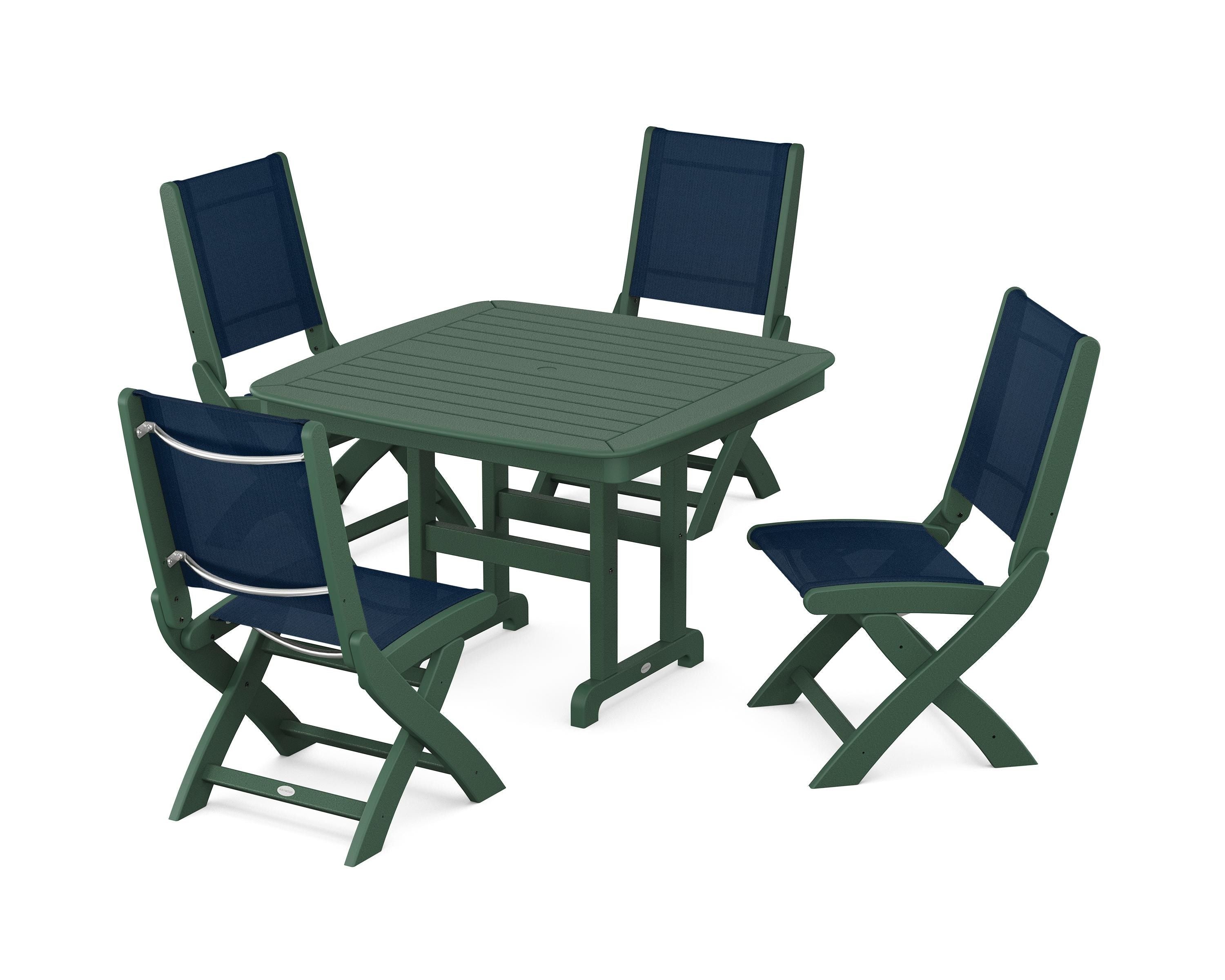 POLYWOOD® Coastal Folding Side Chair 5-Piece Dining Set in Green / Navy Blue Sling