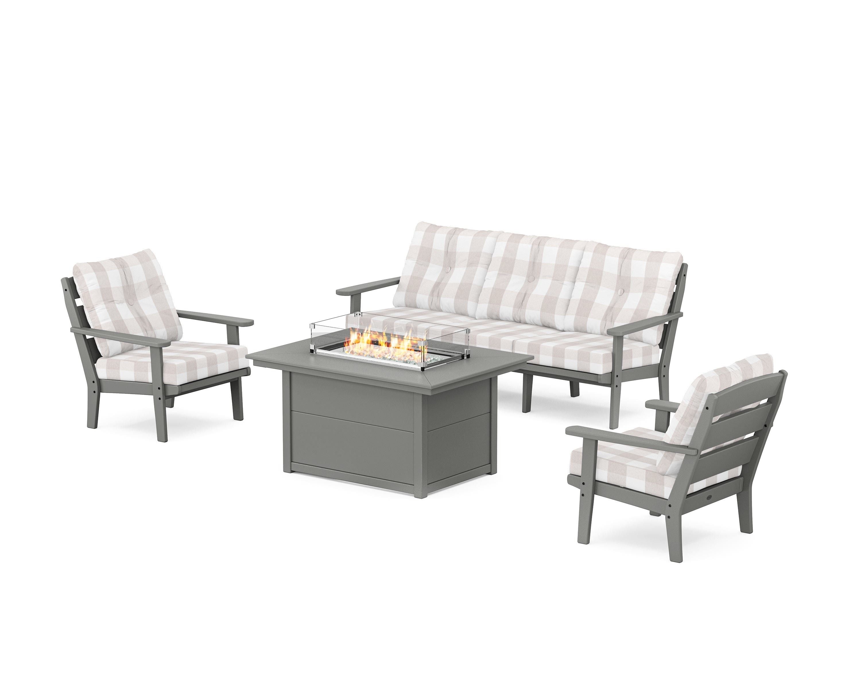 POLYWOOD® Lakeside Deep Seating Fire Pit Table Set in Slate Grey / Buffalo Plaid Dune Burlap