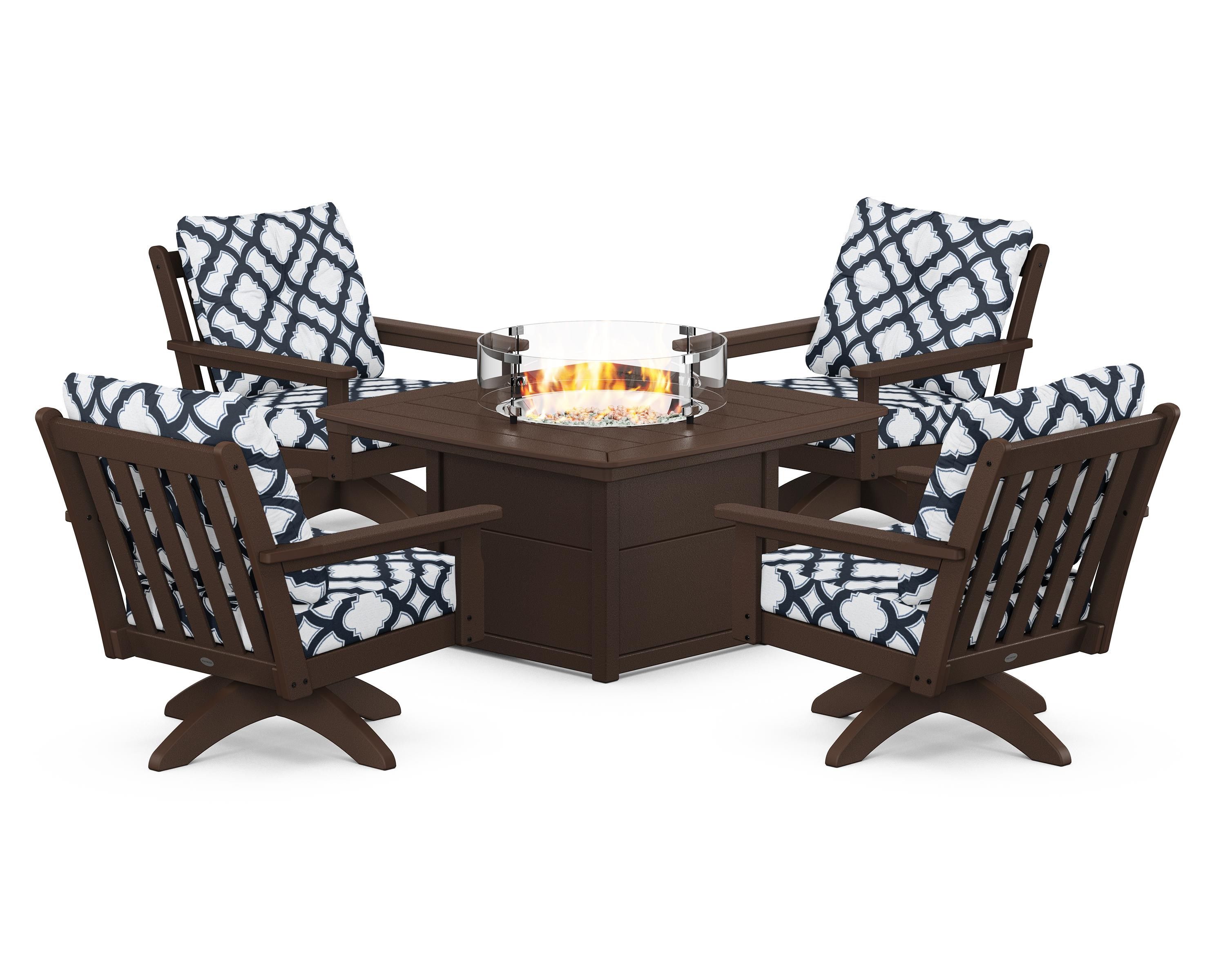 POLYWOOD® Vineyard 5-Piece Deep Seating Swivel Conversation Set with Fire Pit Table in Mahogany / Trellis Marine Indigo