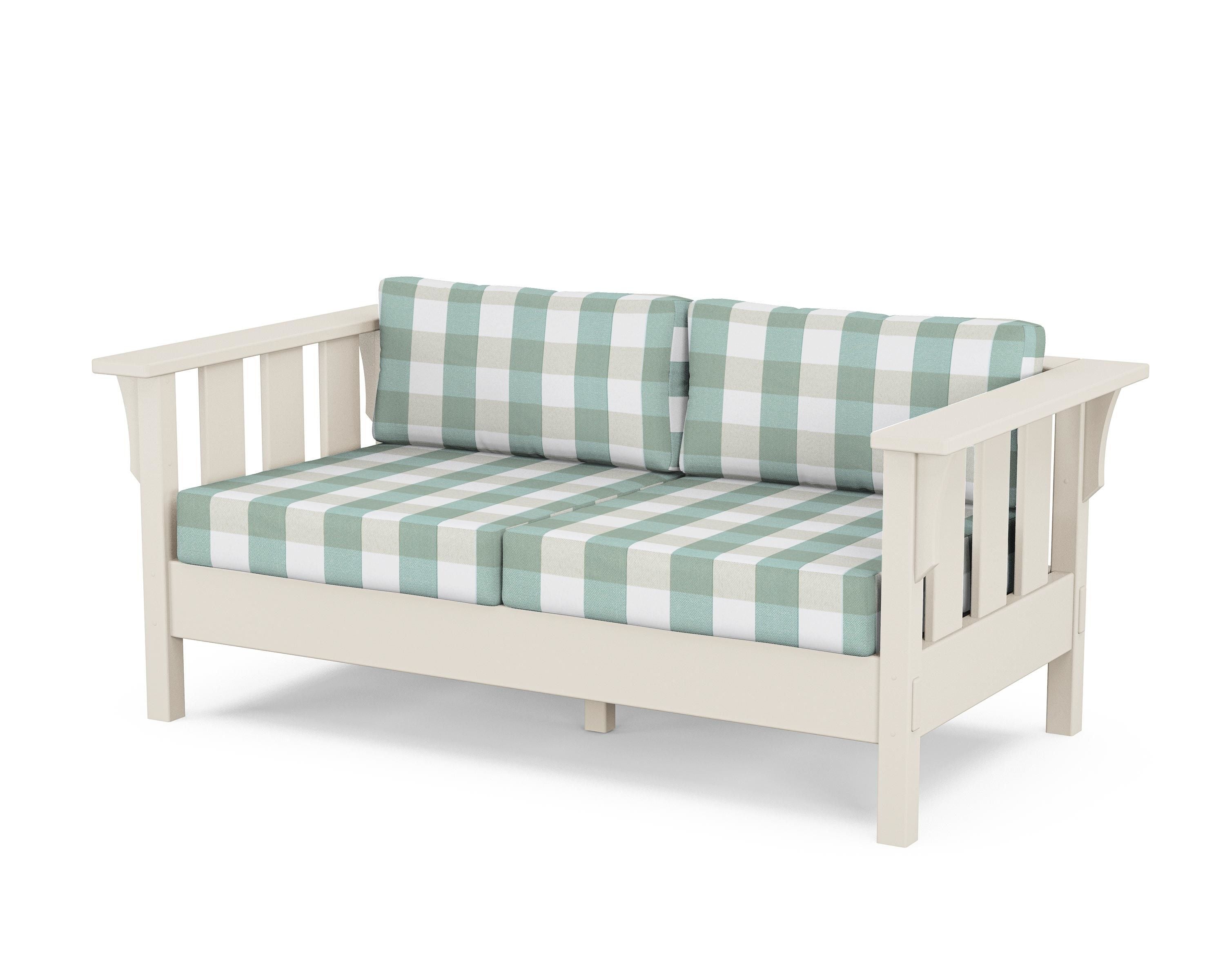 Martha Stewart by POLYWOOD® Acadia Deep Seating Loveseat in Sand / Buffalo Plaid Glacier Spa