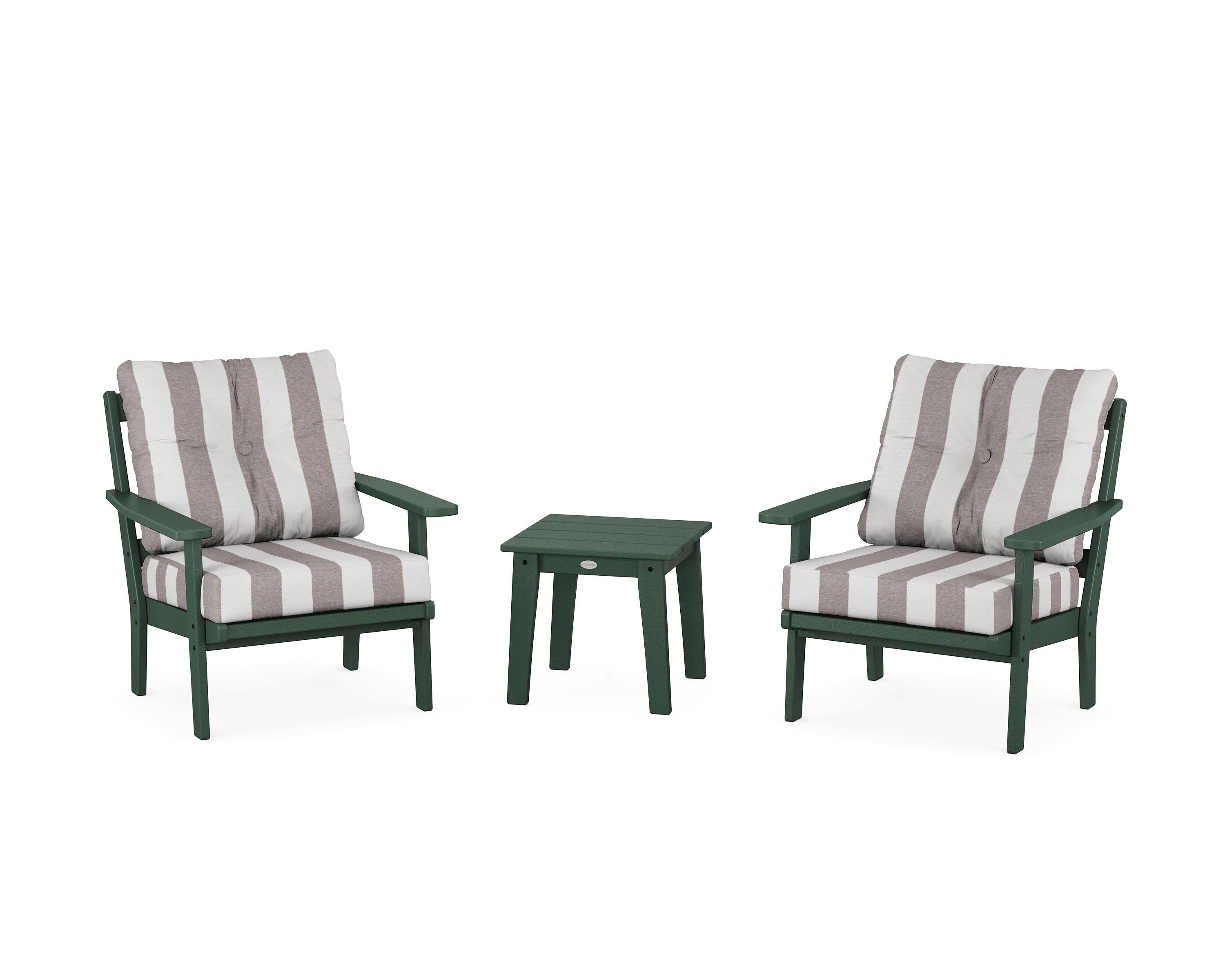 POLYWOOD® Oxford 3-Piece Deep Seating Set in Green / Cabana Stripe Grey Mist