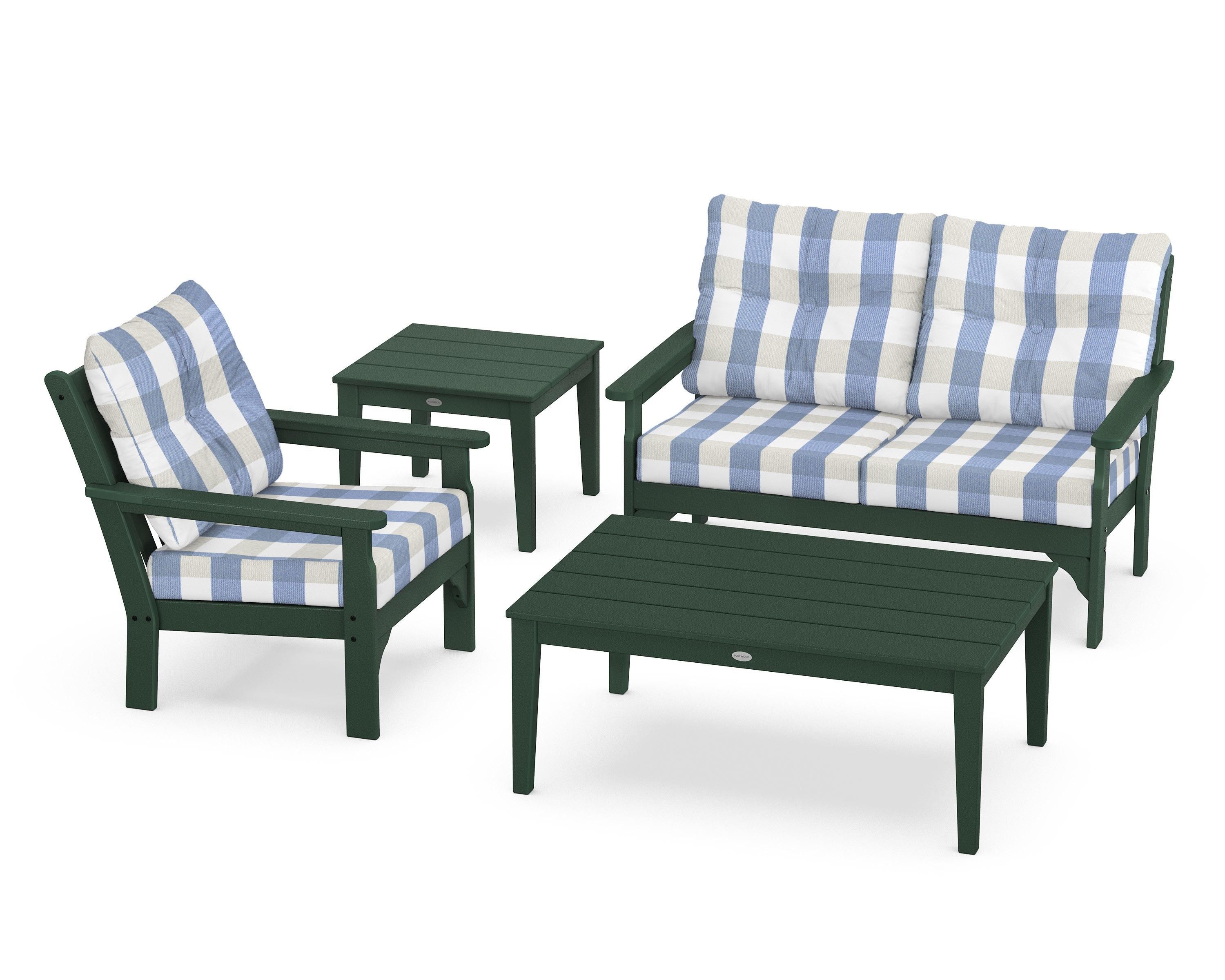 POLYWOOD® Vineyard 4-Piece Deep Seating Set in Green / Buffalo Plaid Sky Blue