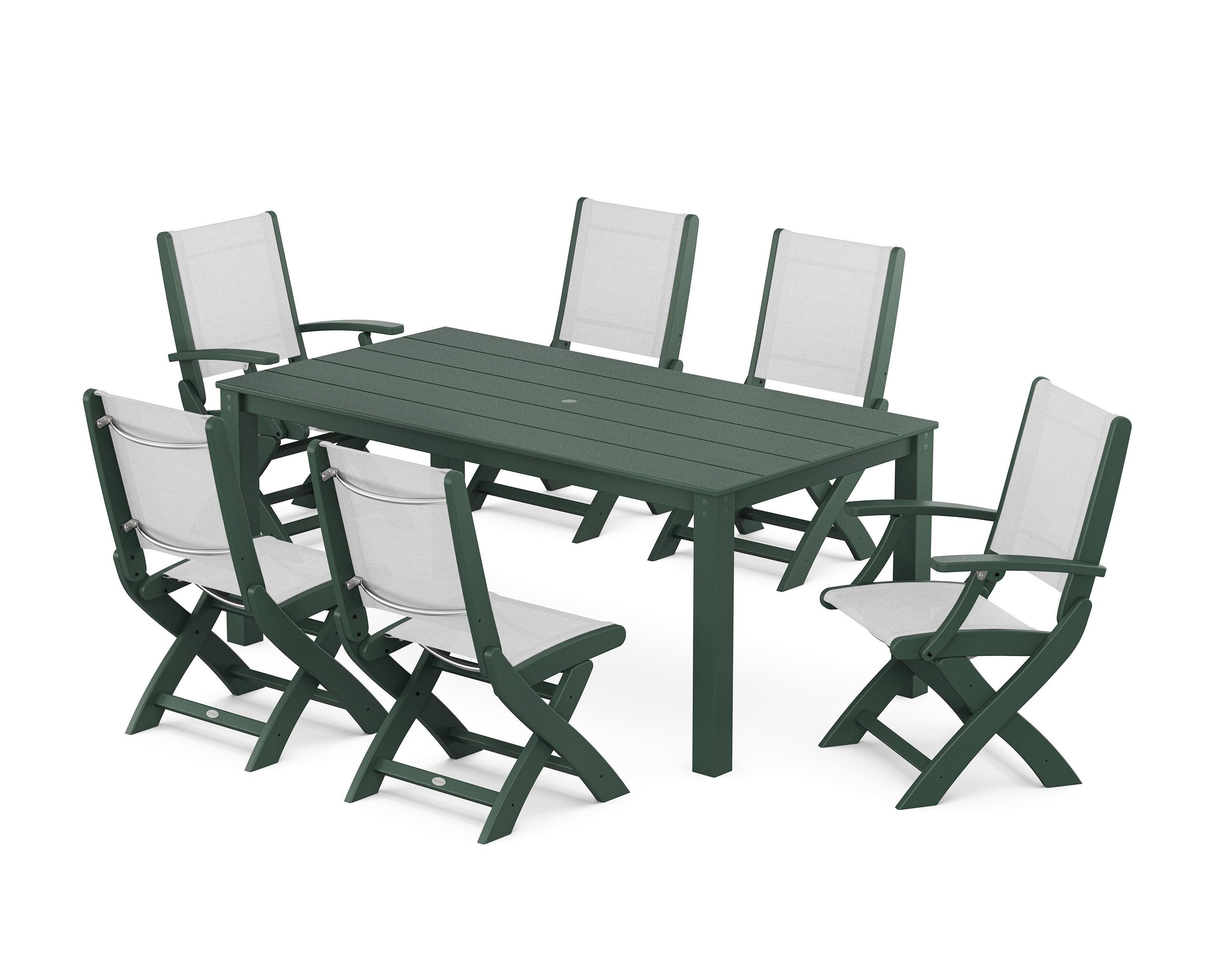 POLYWOOD® Coastal Folding Chair 7-Piece Parsons Dining Set in Green / White Sling