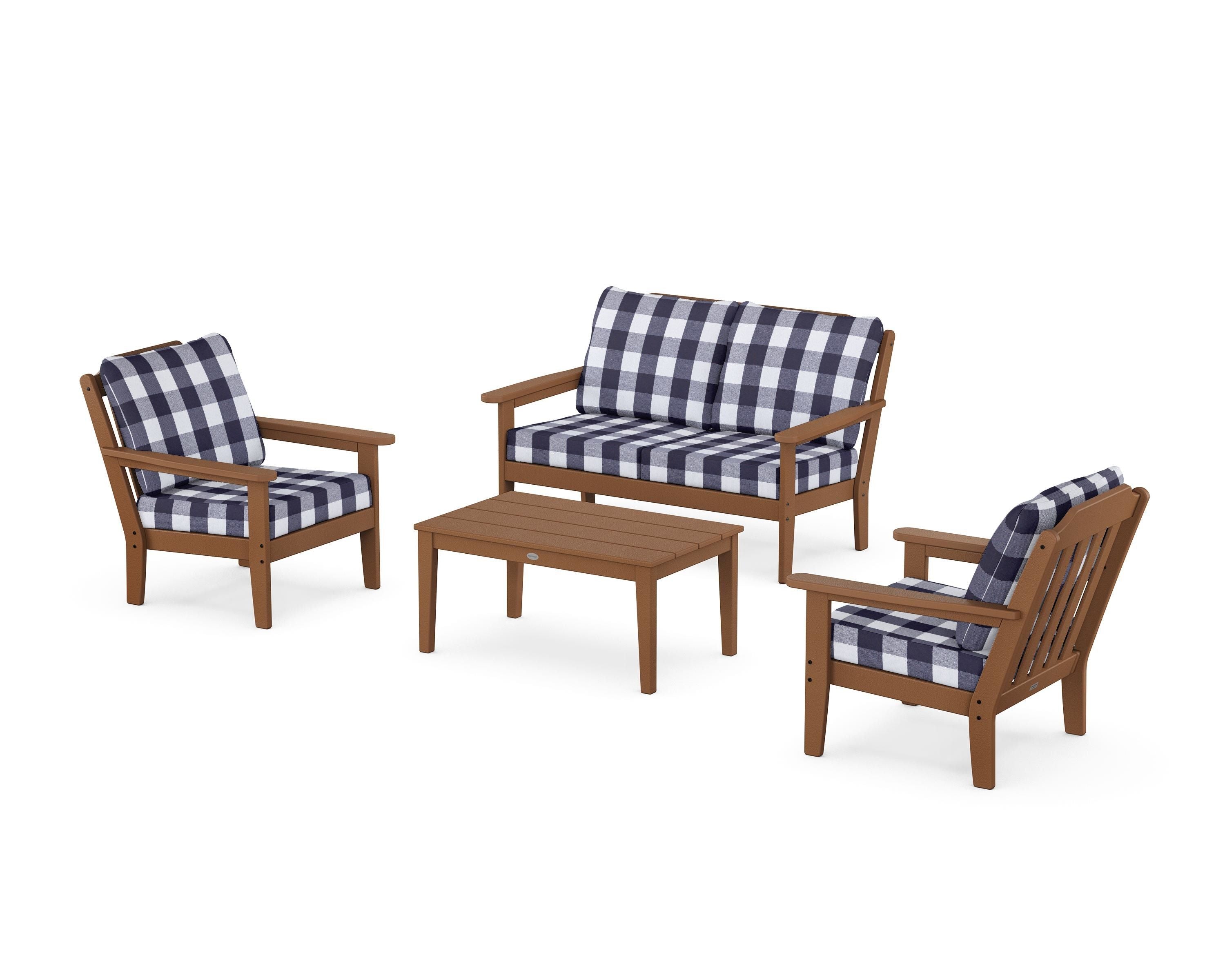 Country Living Cottage 4-Piece Deep Seating Set with Loveseat in Teak / Buffalo Plaid Navy