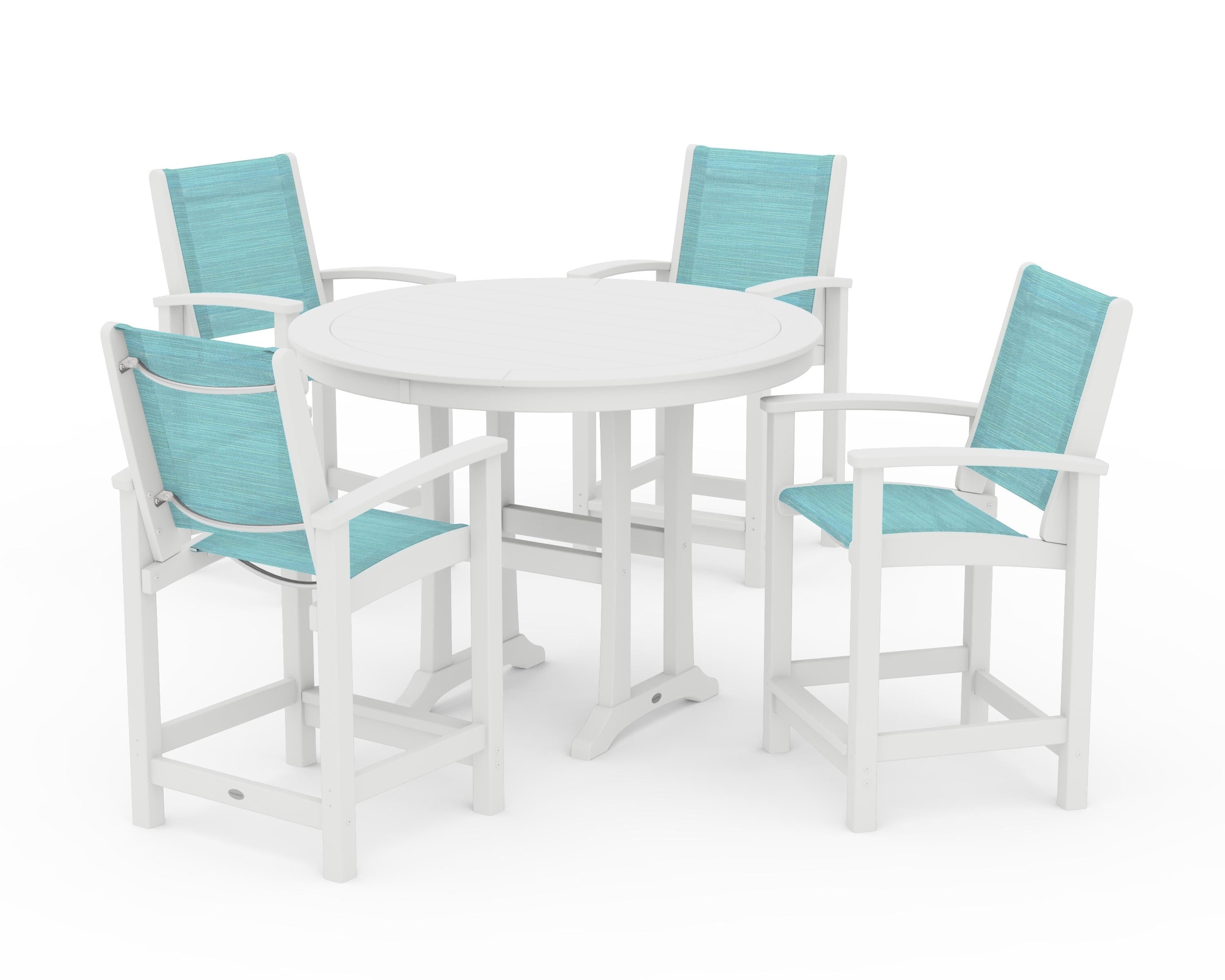 POLYWOOD® Coastal 5-Piece Counter Set in White / Dupioni Aquamarine Sling