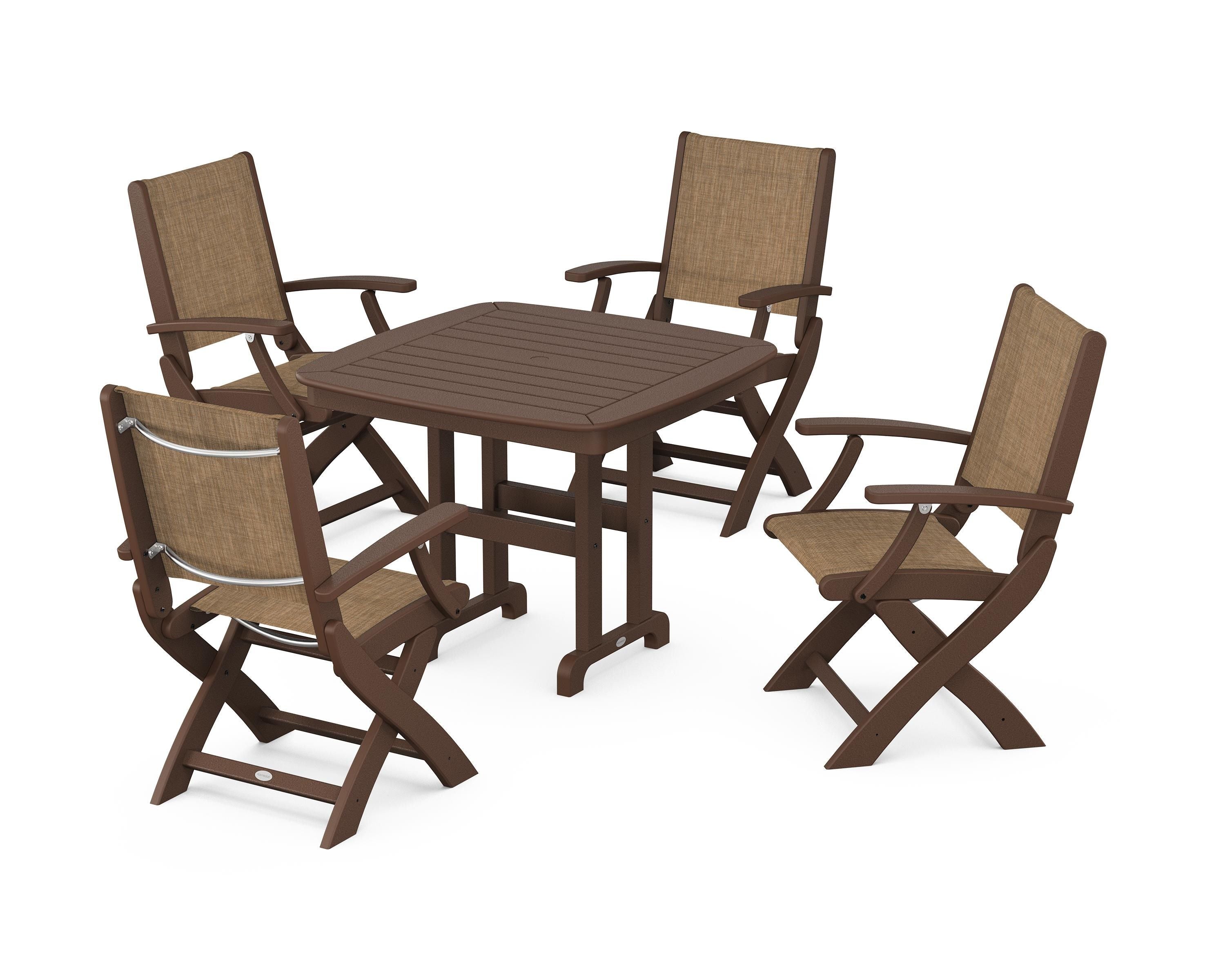POLYWOOD® Coastal Folding Chair 5-Piece Dining Set in Mahogany / Burlap Sling