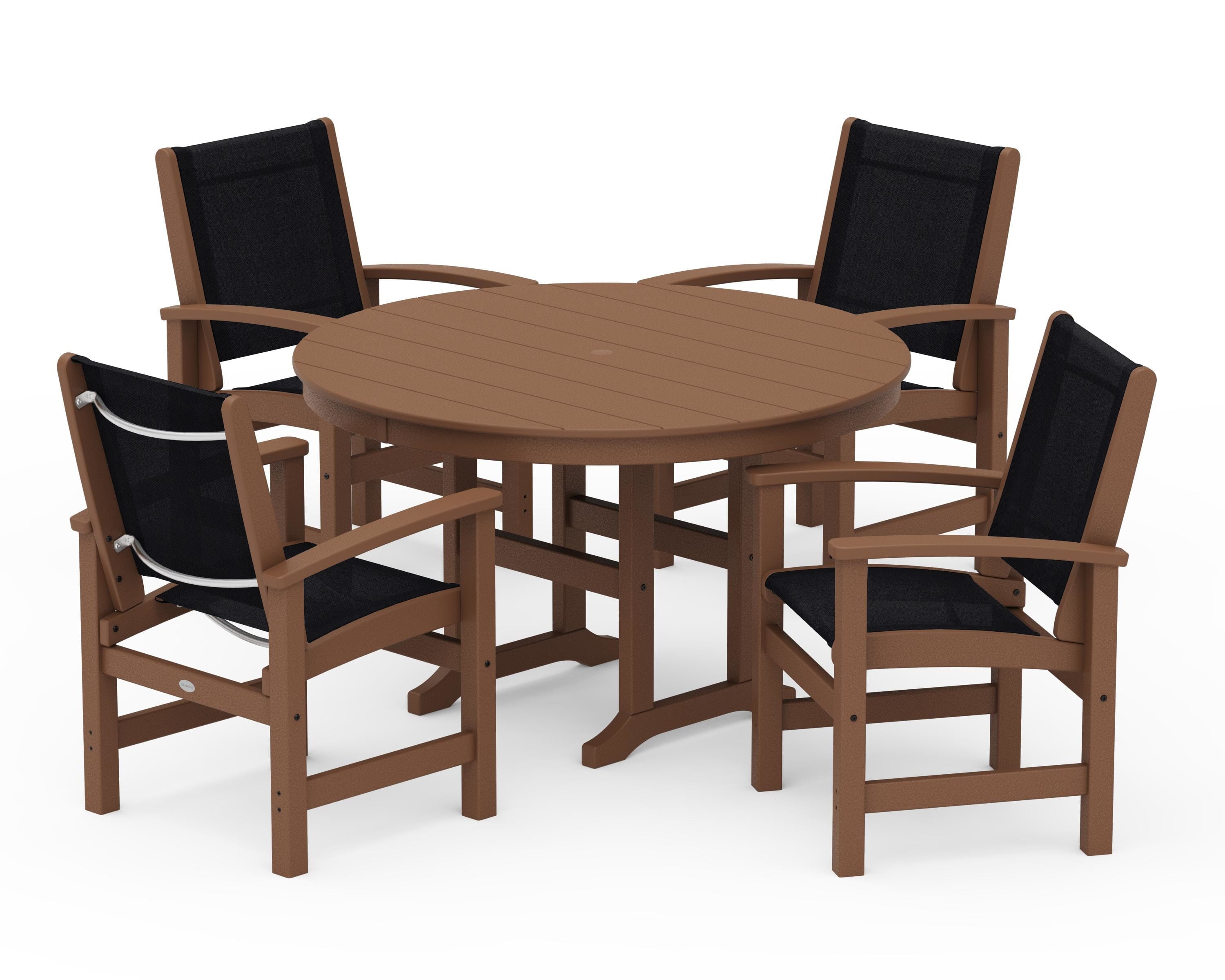 POLYWOOD® Coastal 5-Piece Round Farmhouse Dining Set in Teak / Black Sling