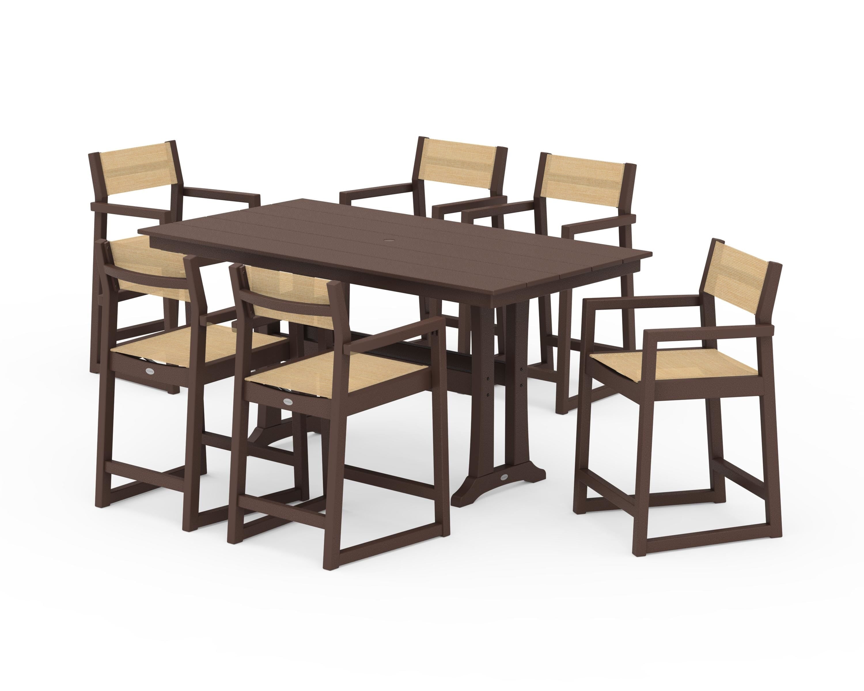 POLYWOOD® EDGE Sling Arm Chair 7-Piece Farmhouse Counter Set with Trestle Legs in Mahogany / Dupioni Apricot Sling