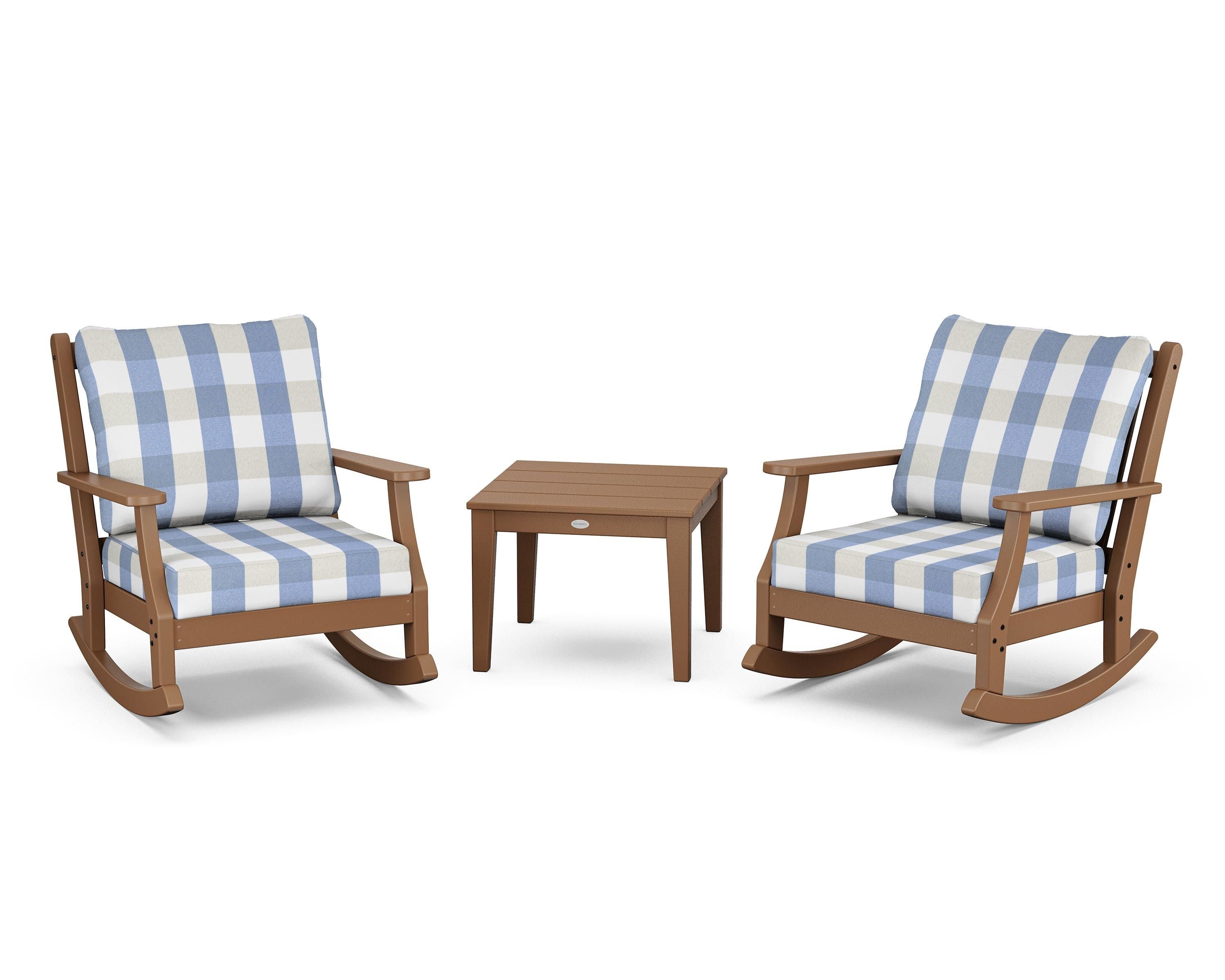 Country Living Wovendale 3-Piece Deep Seating Rocker Set in Teak / Buffalo Plaid Sky Blue