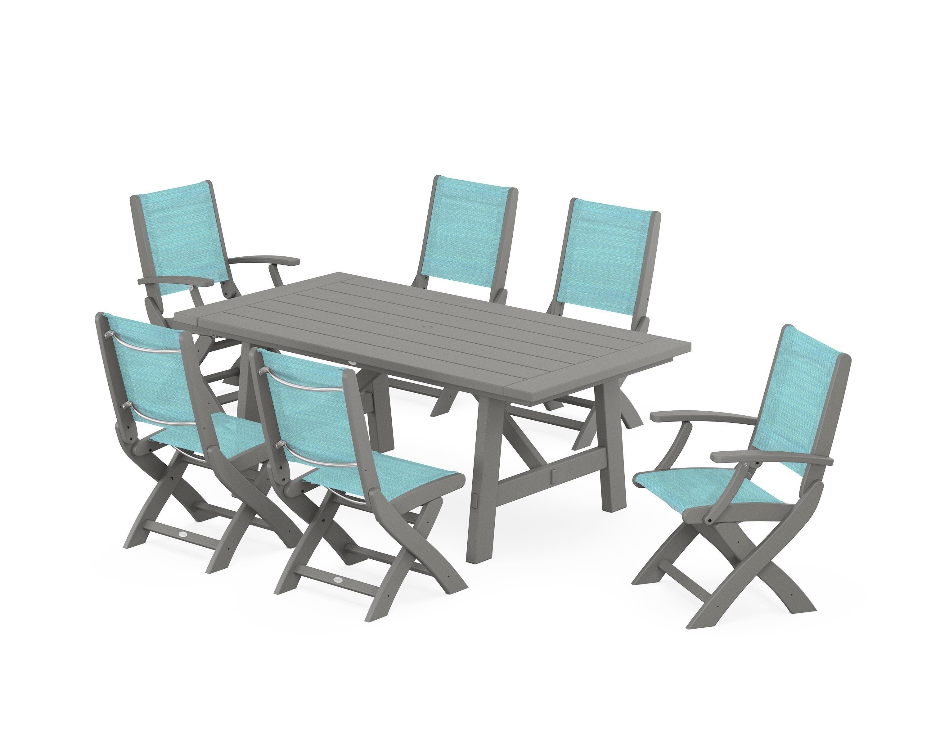POLYWOOD® Coastal Folding Chair 7-Piece Rustic Farmhouse Dining Set in Slate Grey / Dupioni Aquamarine Sling