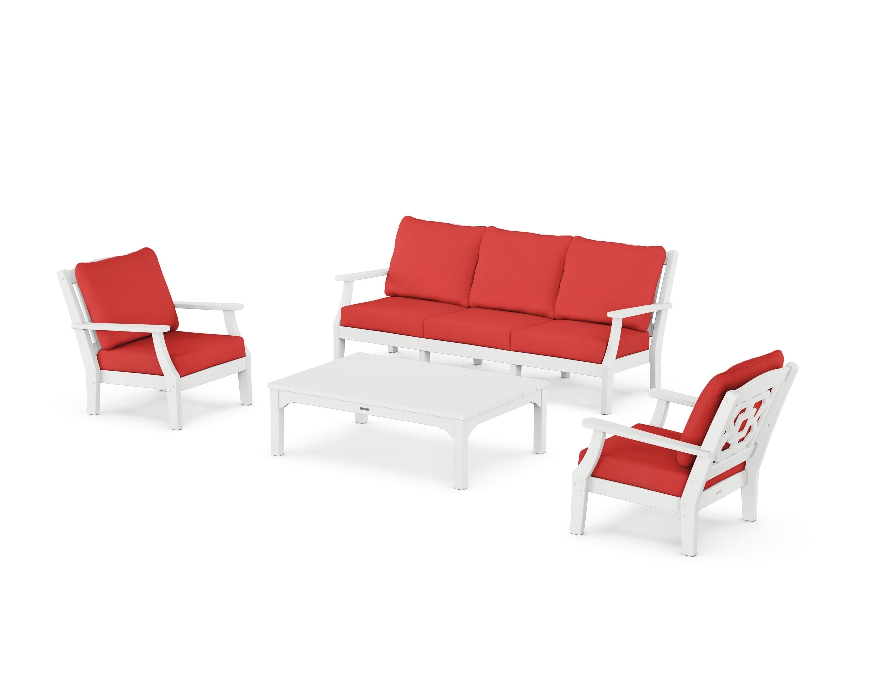 Martha Stewart by POLYWOOD® Chinoiserie 4-Piece Deep Seating Set with Sofa in White / Crimson Linen