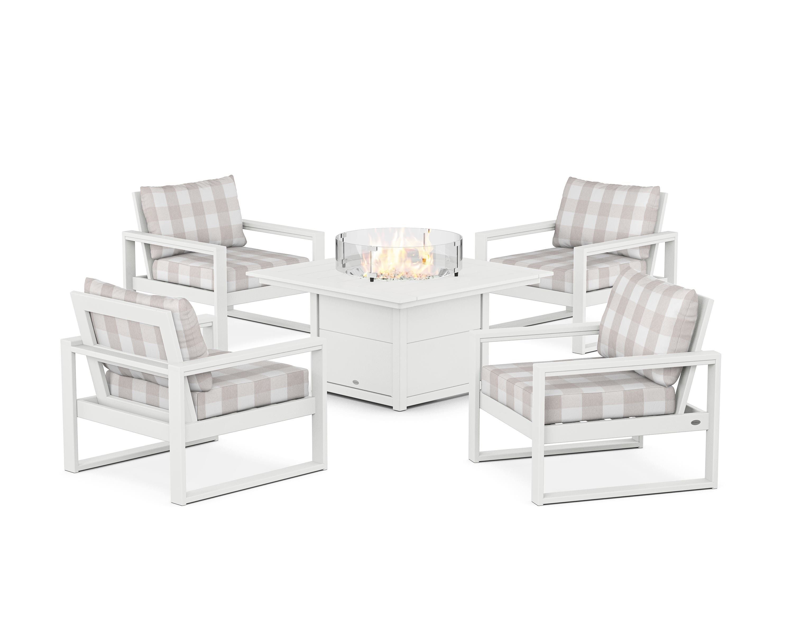 POLYWOOD® EDGE Sectional 5-Piece Deep Seating Set with Fire Pit Table in White / Buffalo Plaid Dune Burlap