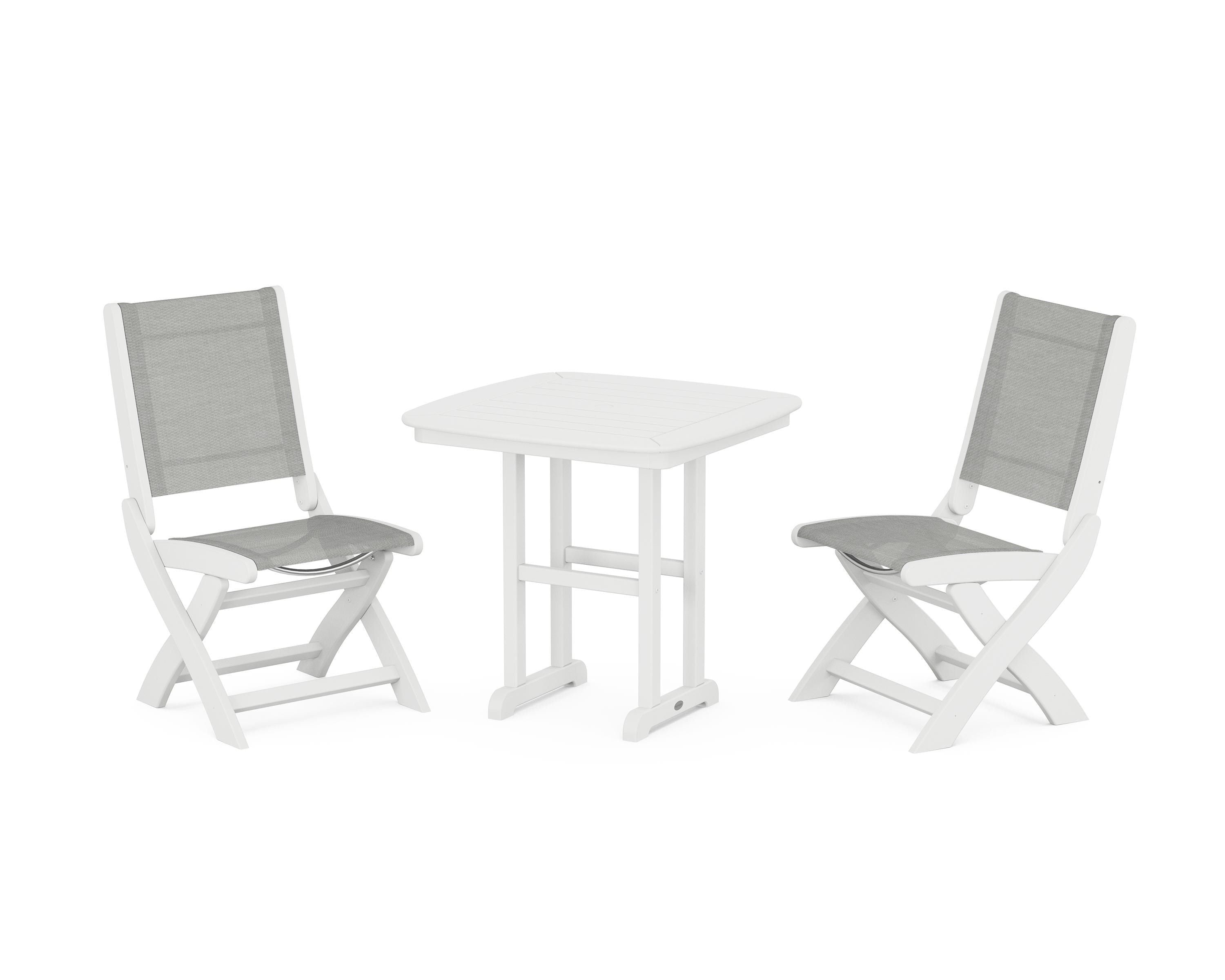 POLYWOOD® Coastal Folding Side Chair 3-Piece Dining Set in White / Metallic Sling