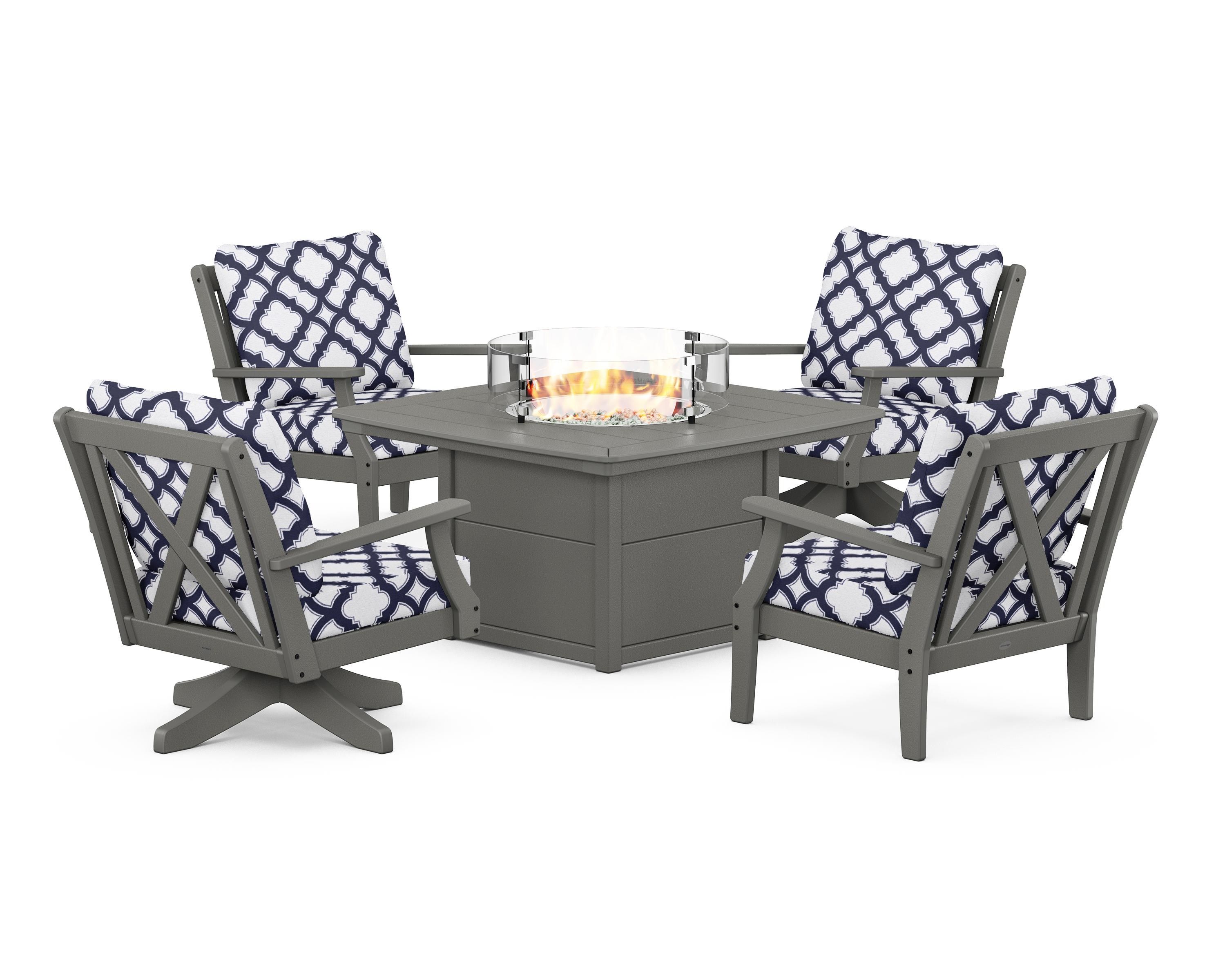 POLYWOOD® Braxton 5-Piece Deep Seating Set with Fire Table in Slate Grey / Trellis Navy